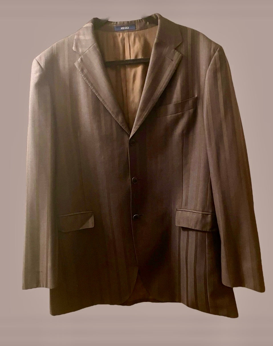 Men's Designer Suit Kenzo Homme Vintage Suit 1990s Y2K Wool Silk Single Breasted brown burgundy pinstripe Tailored Size XL