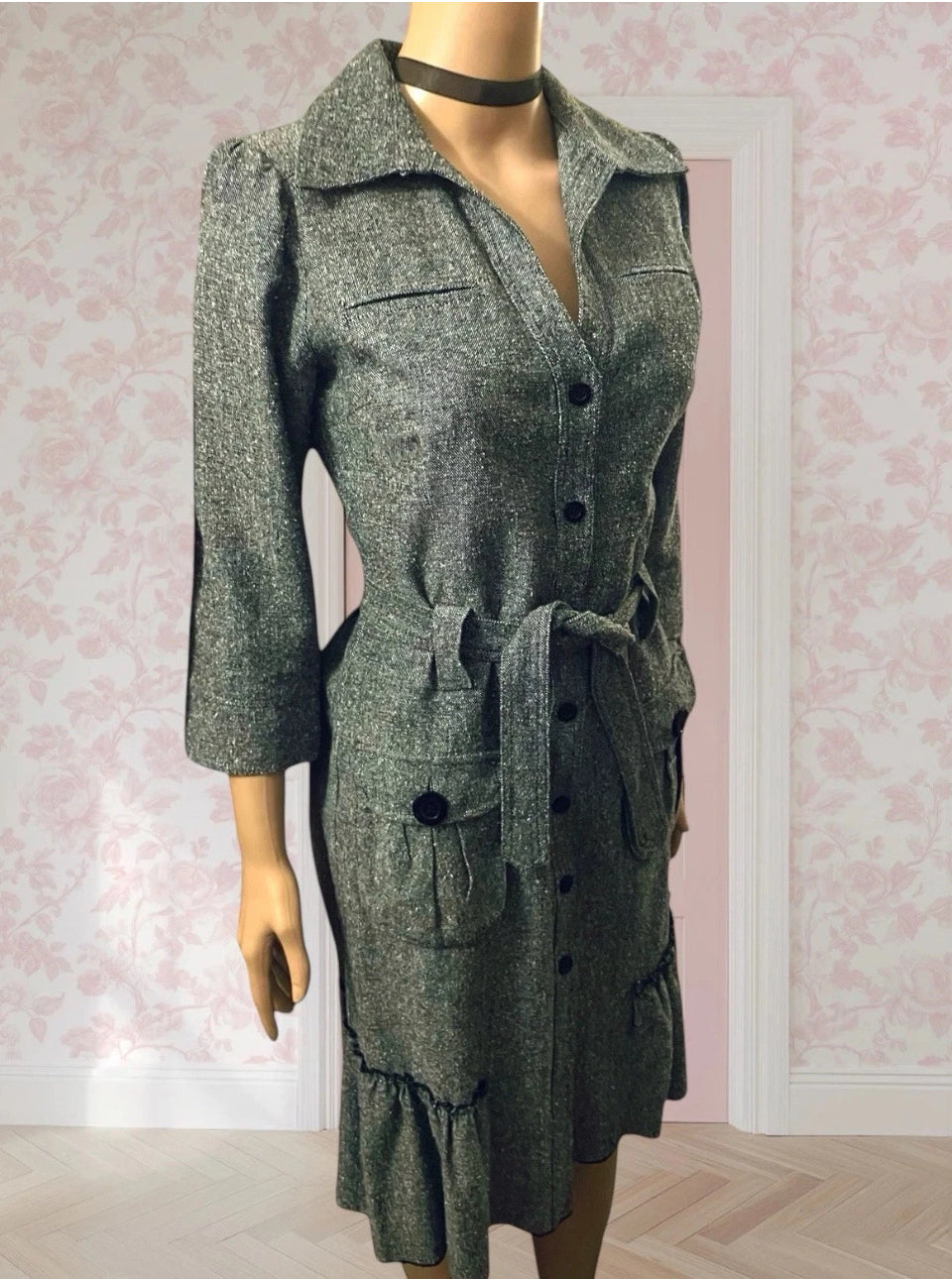 Vintage Dress 1990s Coat Dress Tweed Boucle Dress Pin Up Wiggle Dress Ruffle Hem Belted Grey Size Small
