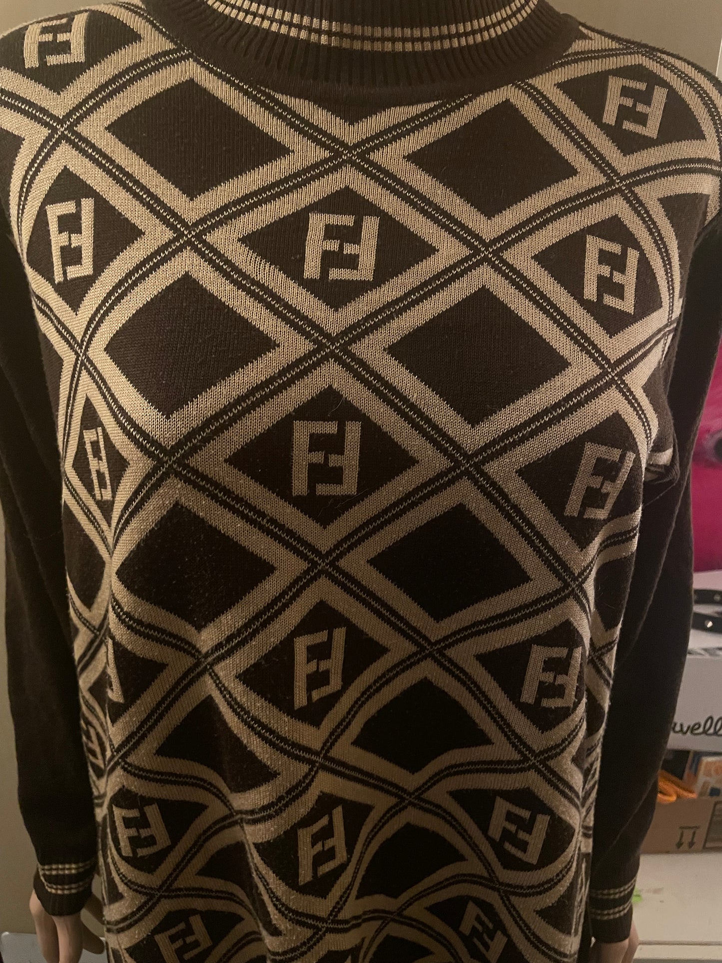 Vintage Fendi Sweater Zucca Pattern Karl Lagerfeld Collection Vintage 90s Pure Wool Brown Beige Size L