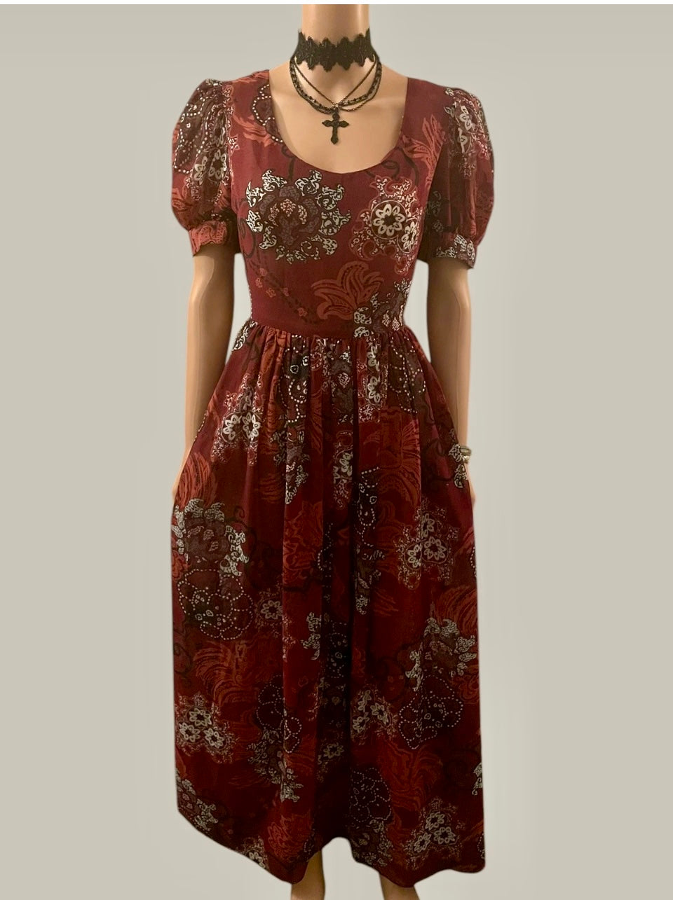 Vintage Dress 1960s Burgundy Maxi Dress circle skirt Vintage Chiffon Puff Sleeve Formal Wear Psychedelic Hippie Vibes Size Medium