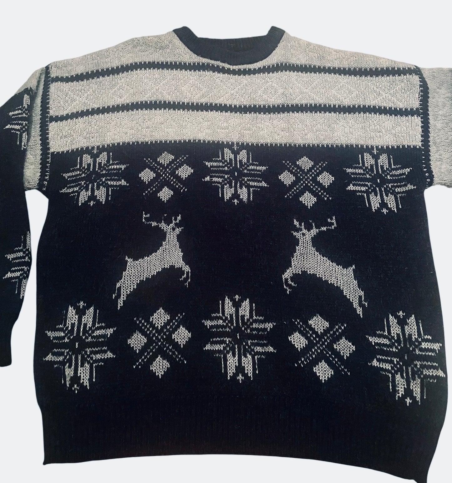 Vintage Sweater Nordic Polo style Fair Isle Reindeer Snowflake Wool Blend Black Grey XL