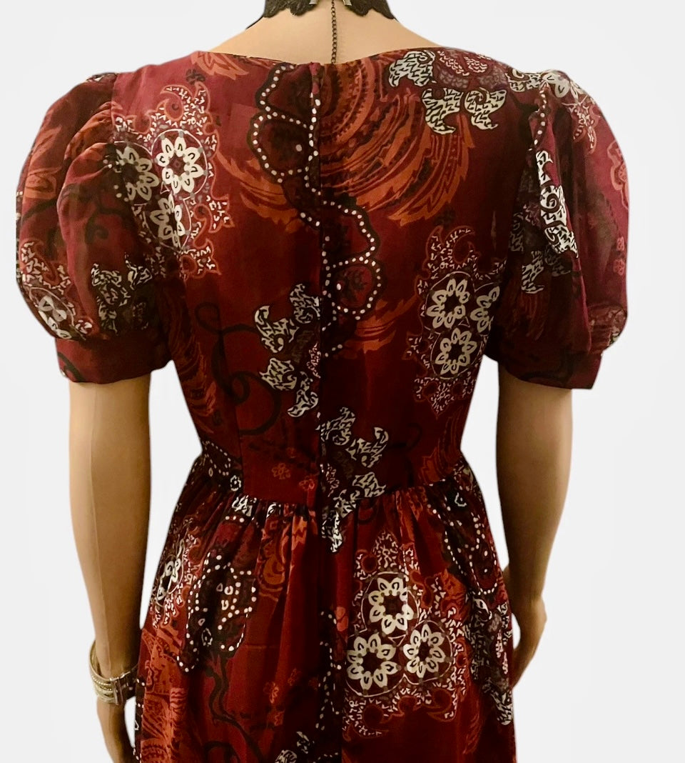 Vintage Dress 1960s Burgundy Maxi Dress circle skirt Vintage Chiffon Puff Sleeve Formal Wear Psychedelic Hippie Vibes Size Medium