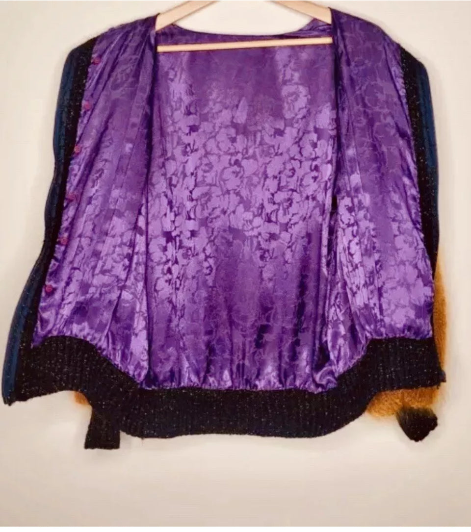 Women’s Vintage Jacket 1930s Cardigan Hand knit Mohair Pure Wool Bomber Jacket Gothic Glam Floral Embroidery Jewel Appliqué Rare Vintage Size XL