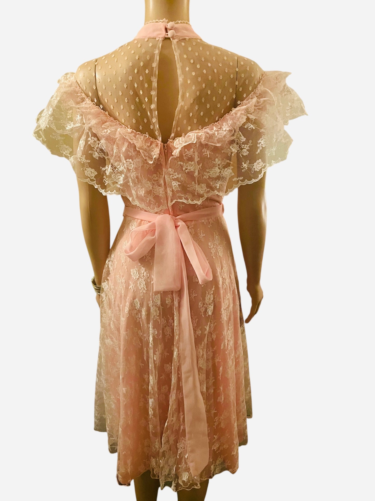 Vintage Dress 1960s Pink Lace Flocked Rockabilly Dress Princess Style Party Dress Ruffles Coquette Kawaii Size Small