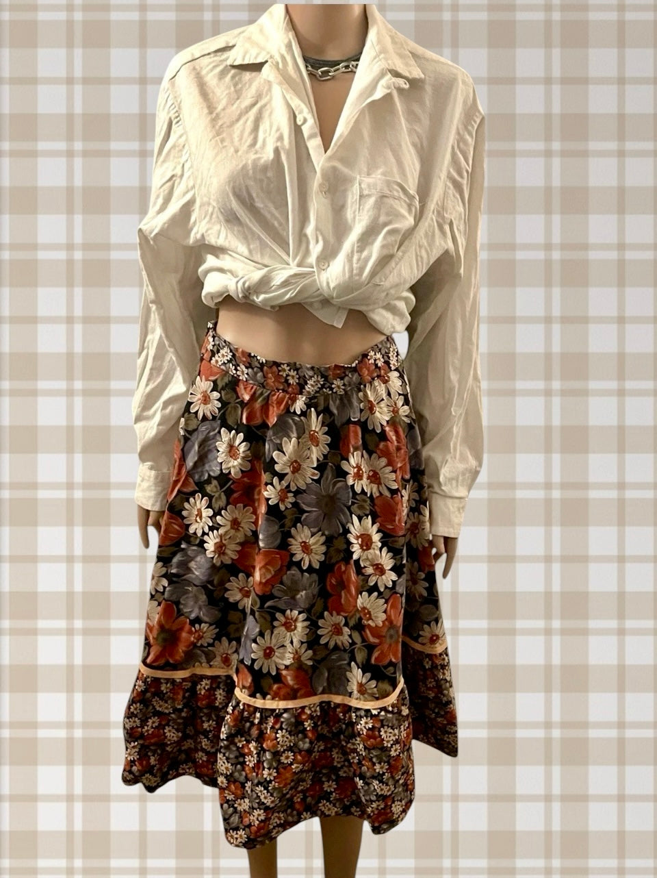 Vintage Skirt Floral 1960s Hippie era floral print skirt A line midi Skirt ruffle hem pure cotton size Small