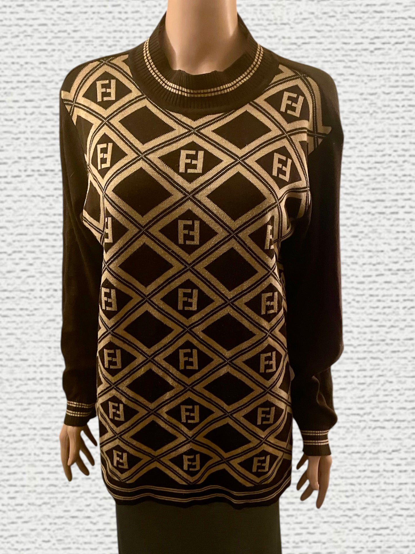 Vintage Fendi Sweater Zucca Pattern Karl Lagerfeld Collection Vintage 90s Pure Wool Brown Beige Size L