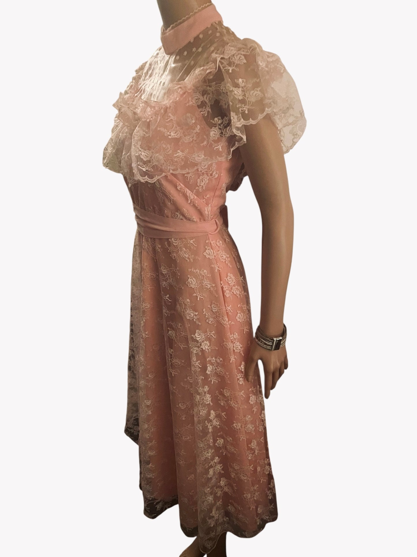 Vintage Dress 1960s Pink Lace Flocked Rockabilly Dress Princess Style Party Dress Ruffles Coquette Kawaii Size Small