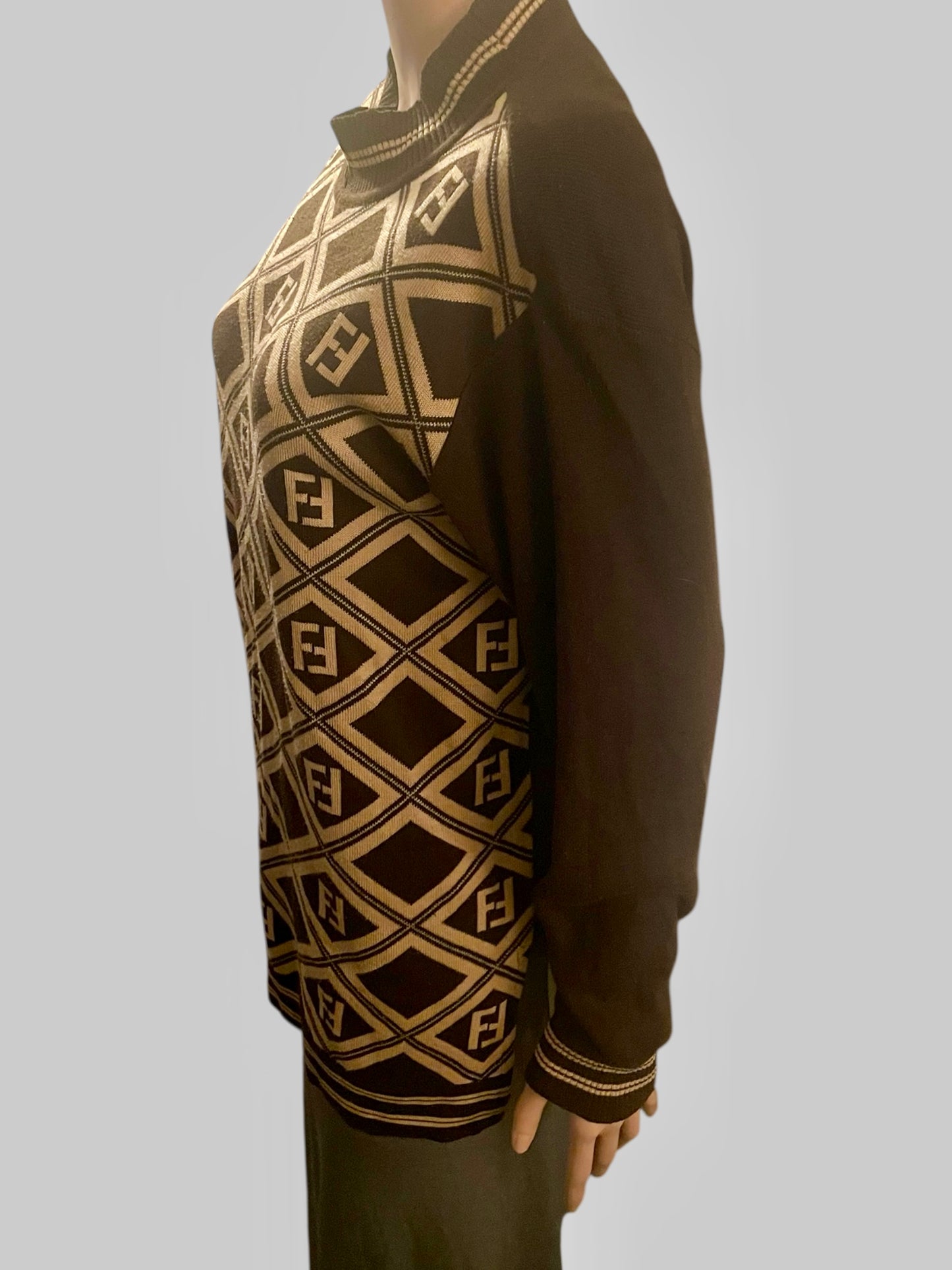 Vintage Fendi Sweater Zucca Pattern Karl Lagerfeld Collection Vintage 90s Pure Wool Brown Beige Size L