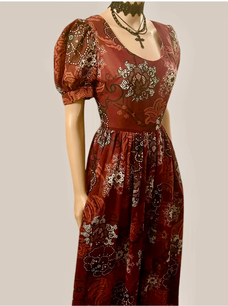 Vintage Dress 1960s Burgundy Maxi Dress circle skirt Vintage Chiffon Puff Sleeve Formal Wear Psychedelic Hippie Vibes Size Medium