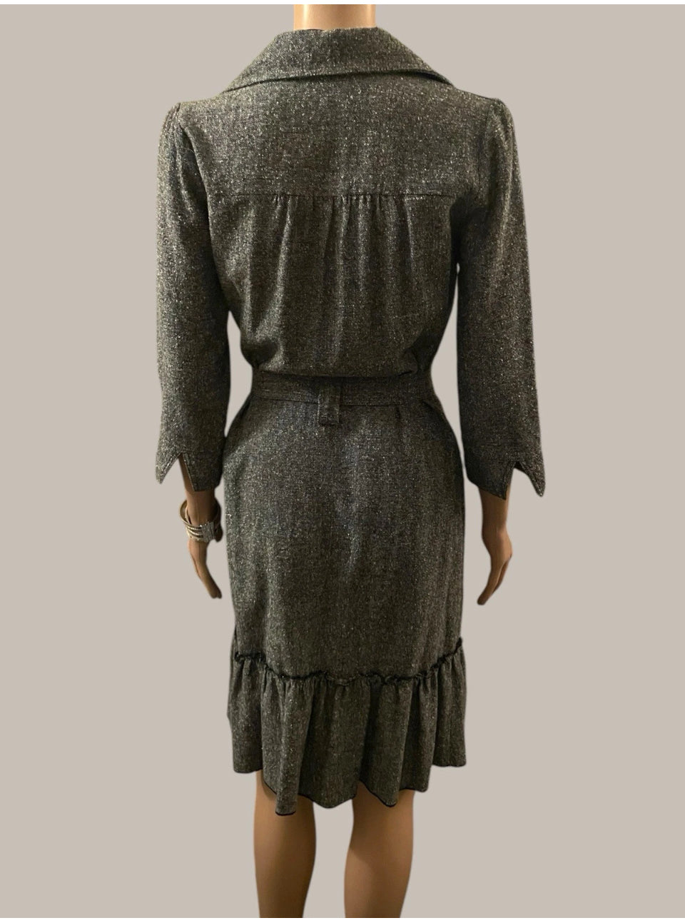 Vintage Dress 1990s Coat Dress Tweed Boucle Dress Pin Up Wiggle Dress Ruffle Hem Belted Grey Size Small