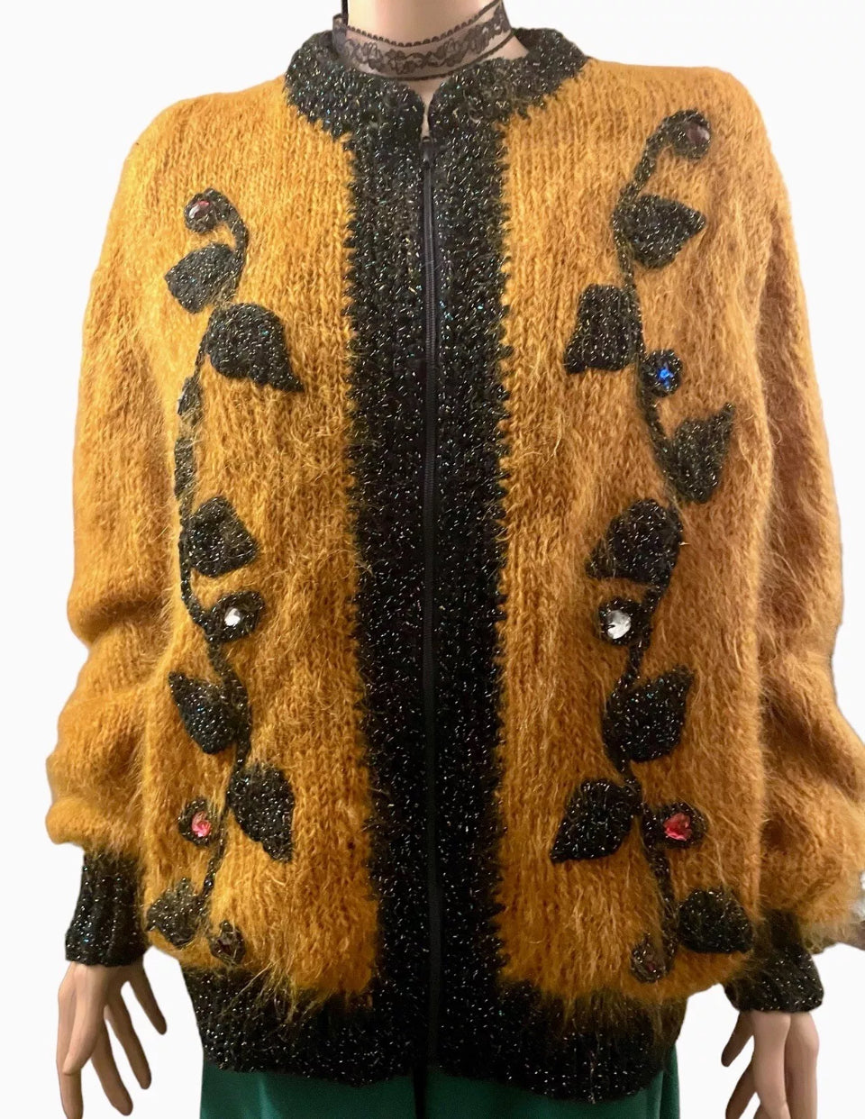 Women’s Vintage Jacket 1930s Cardigan Hand knit Mohair Pure Wool Bomber Jacket Gothic Glam Floral Embroidery Jewel Appliqué Rare Vintage Size XL
