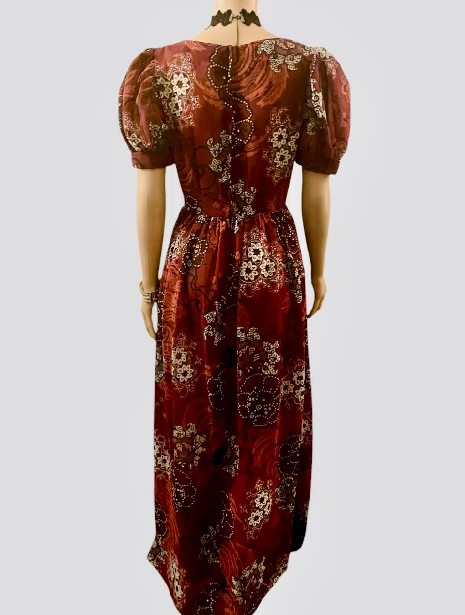 Vintage Dress 1960s Burgundy Maxi Dress circle skirt Vintage Chiffon Puff Sleeve Formal Wear Psychedelic Hippie Vibes Size Medium