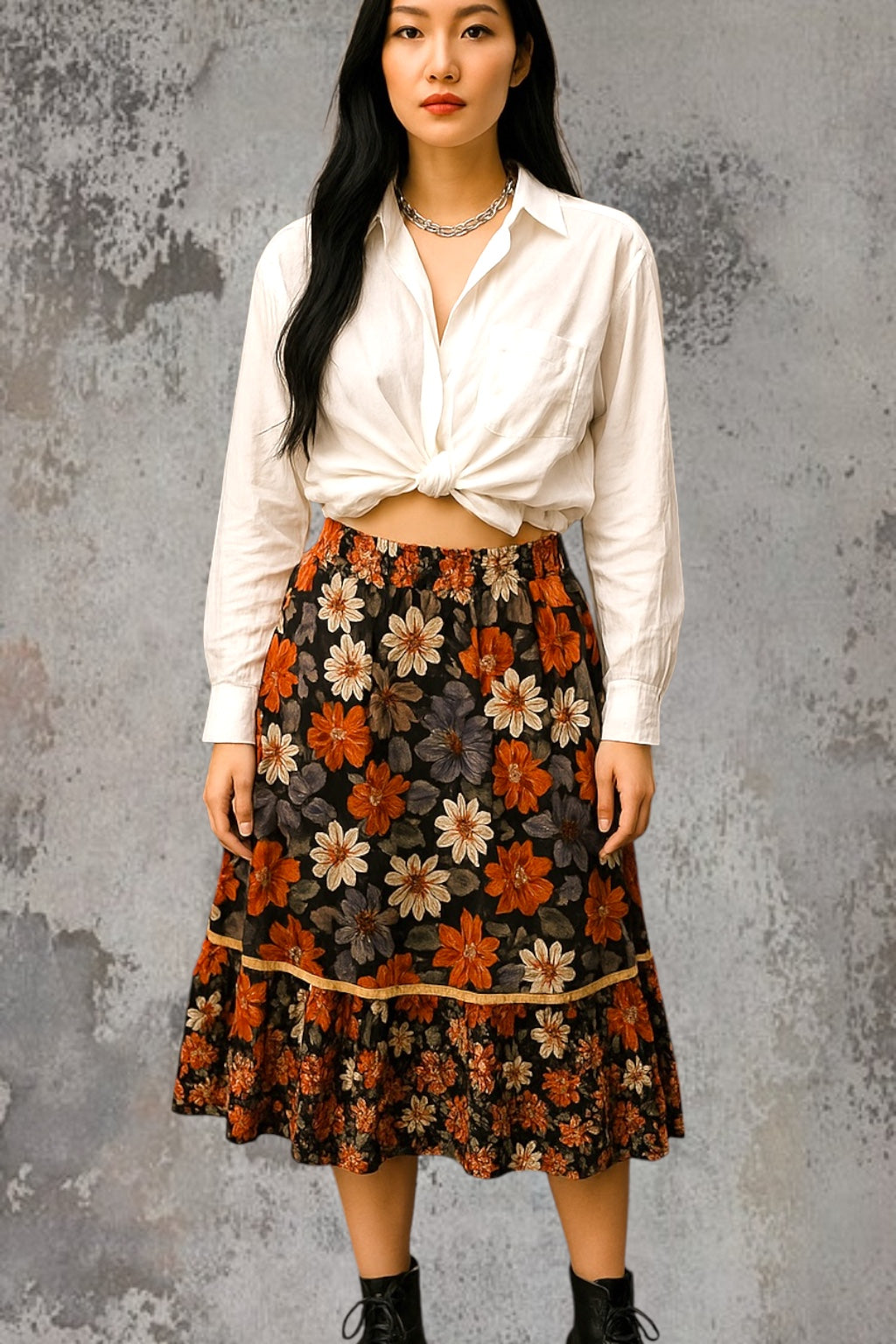 Vintage Skirt Floral 1960s Hippie era floral print skirt A line midi Skirt ruffle hem pure cotton size Small
