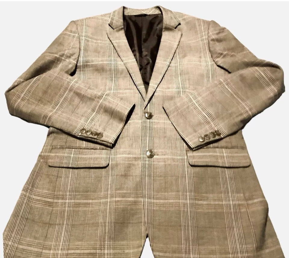 Men’s Vintage Blazer Plaid Glen Plaid Prince of Wales Check Mens 1980s Vintage Jacket Preppy Classic Single Breasted Checkered Blazer Tailored Wool Beige Brown Size L