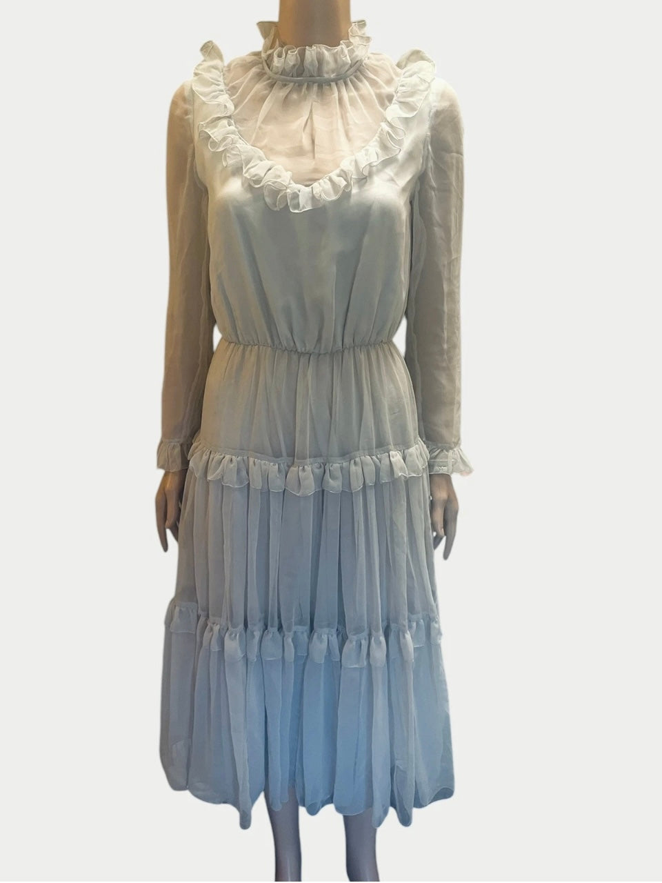 Vintage Ruffle Dress 1970s Grey Tiered Vintage Dress Sheer Cocktail Dress Elegant Frills Size Small
