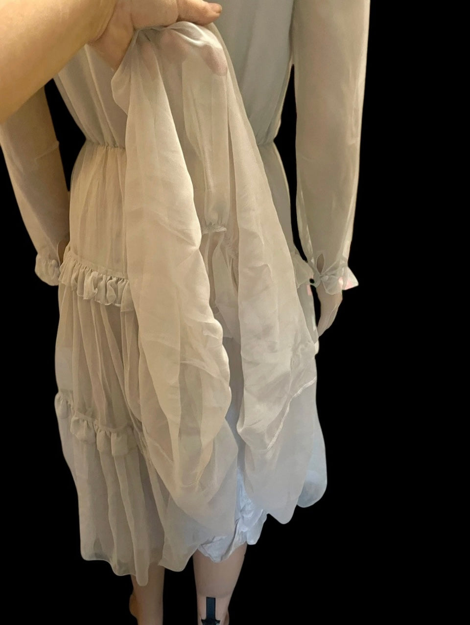 Vintage Ruffle Dress 1970s Grey Tiered Vintage Dress Sheer Cocktail Dress Elegant Frills Size Small
