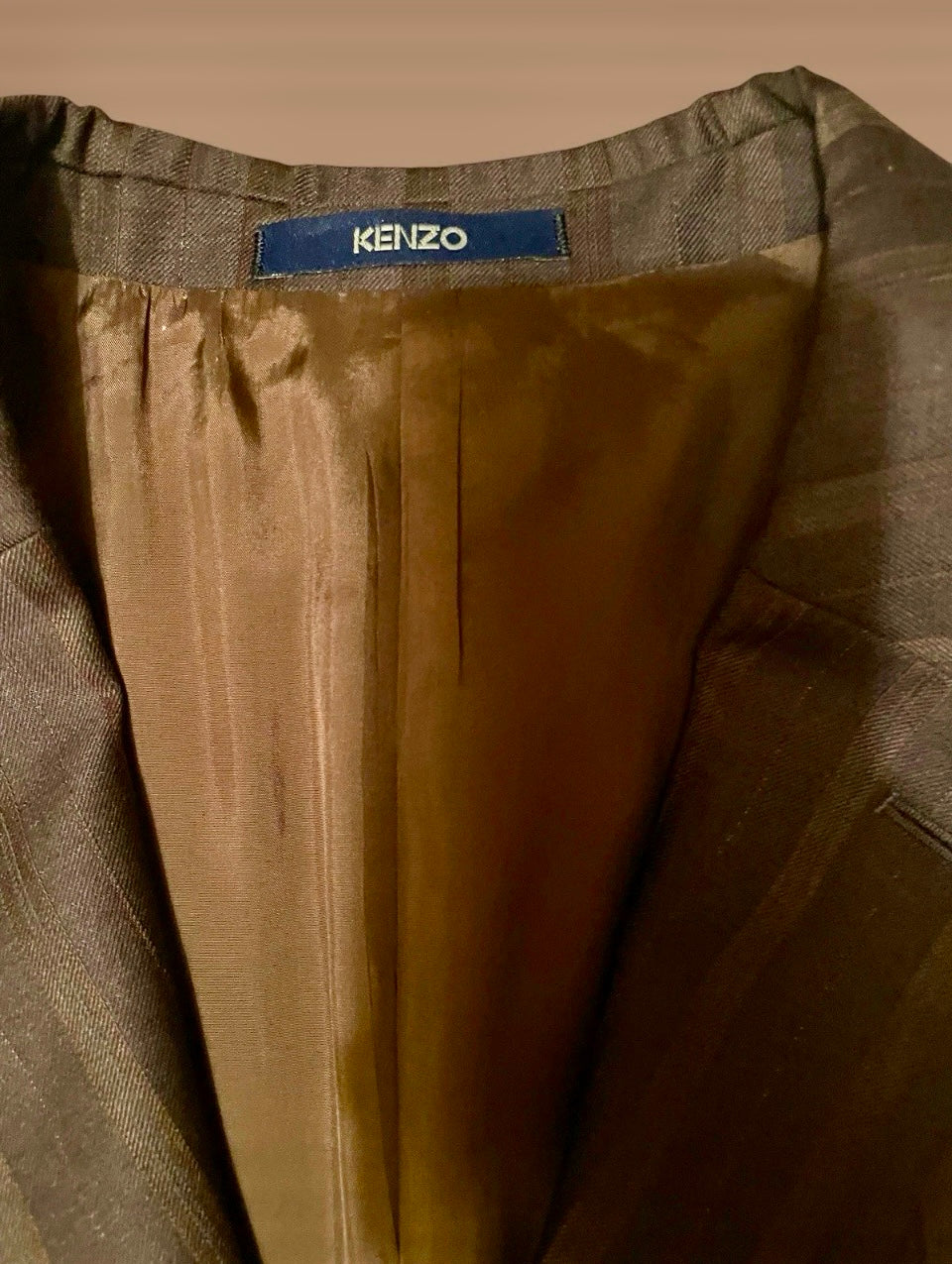 Men's Designer Suit Kenzo Homme Vintage Suit 1990s Y2K Wool Silk Single Breasted brown burgundy pinstripe Tailored Size XL