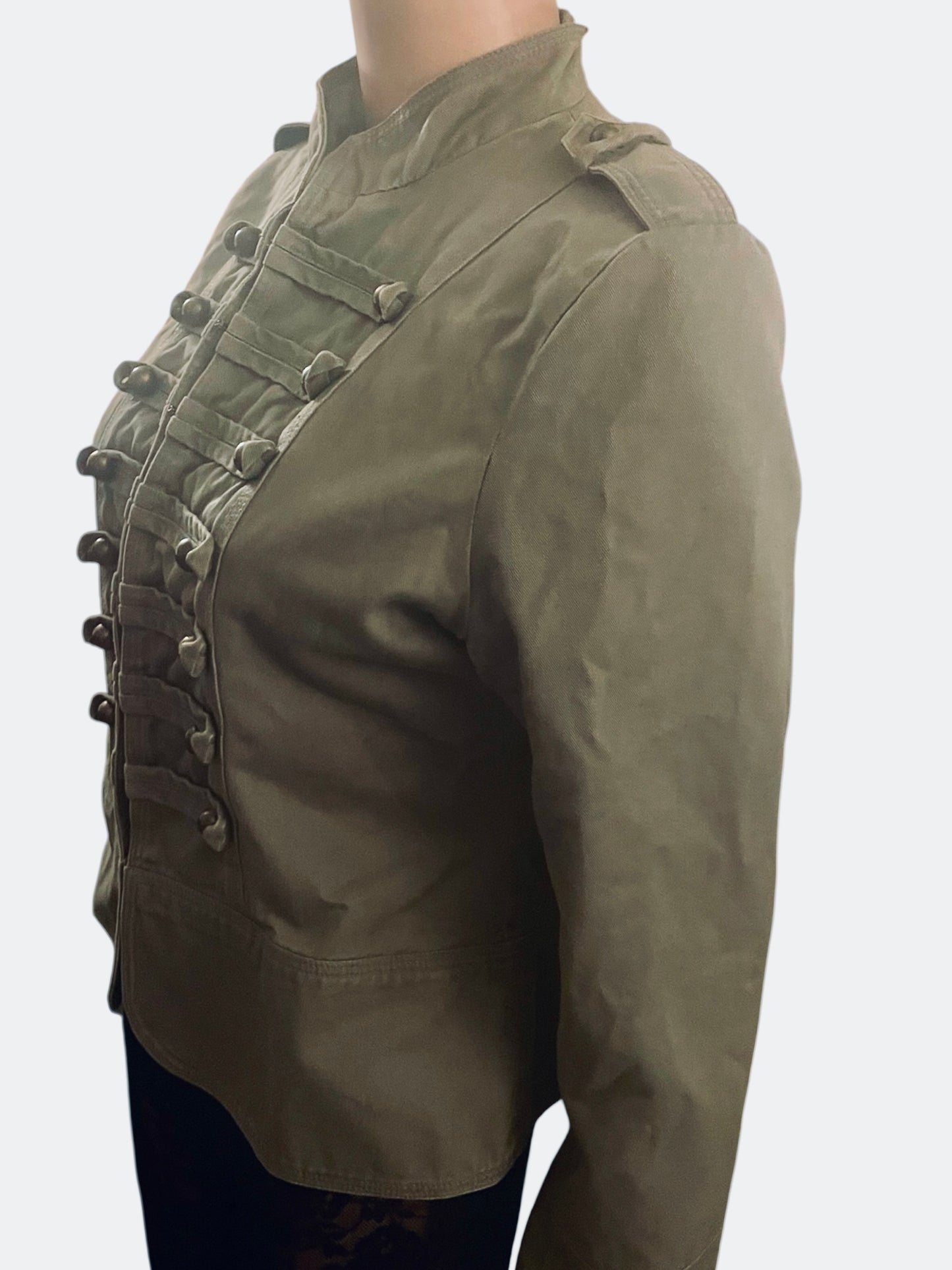 Vintage Y2K Military Jacket Cargo Denim Army Glam Sgt Pepper Brass Buttons Khaki Size M