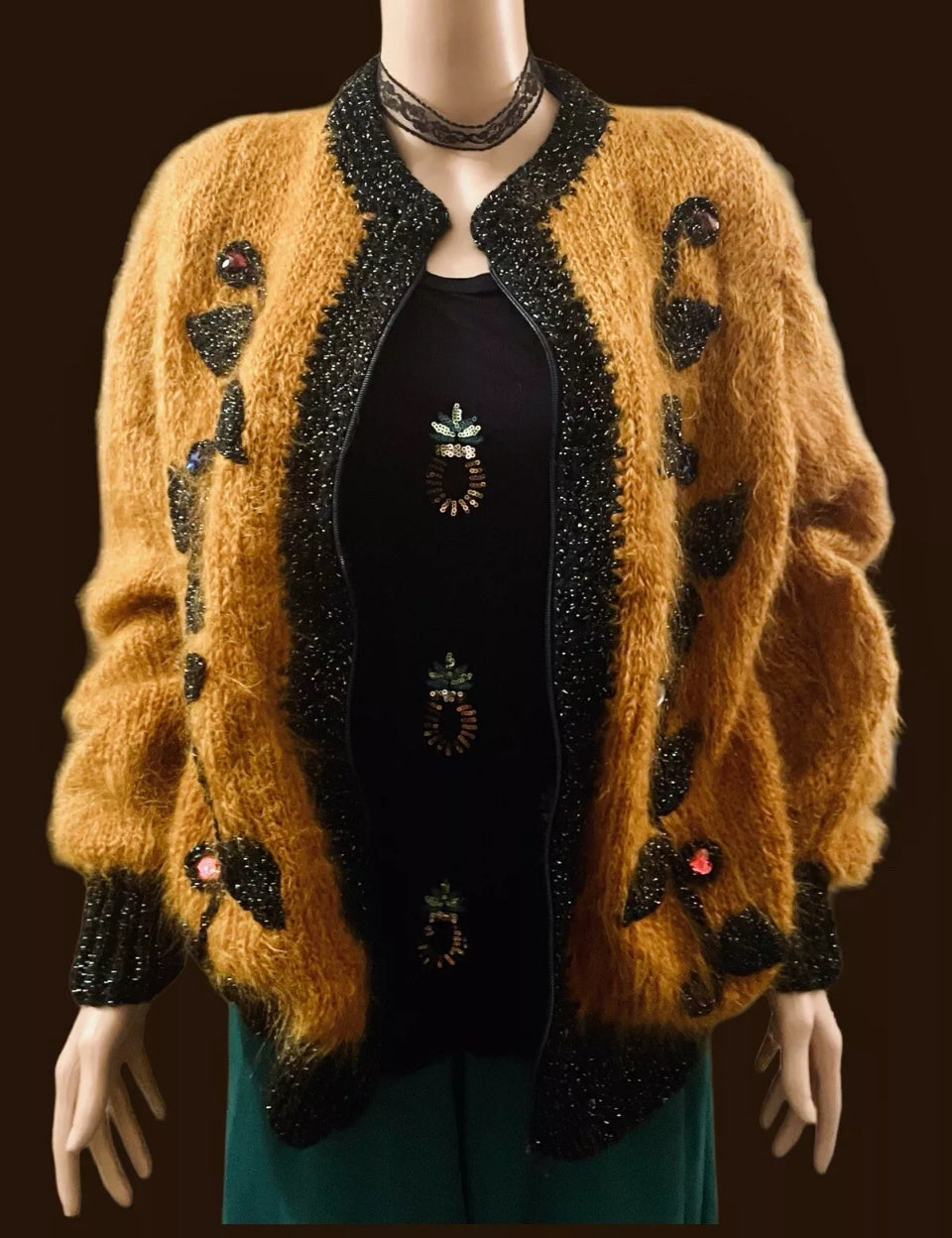 Women’s Vintage Jacket 1930s Cardigan Hand knit Mohair Pure Wool Bomber Jacket Gothic Glam Floral Embroidery Jewel Appliqué Rare Vintage Size XL