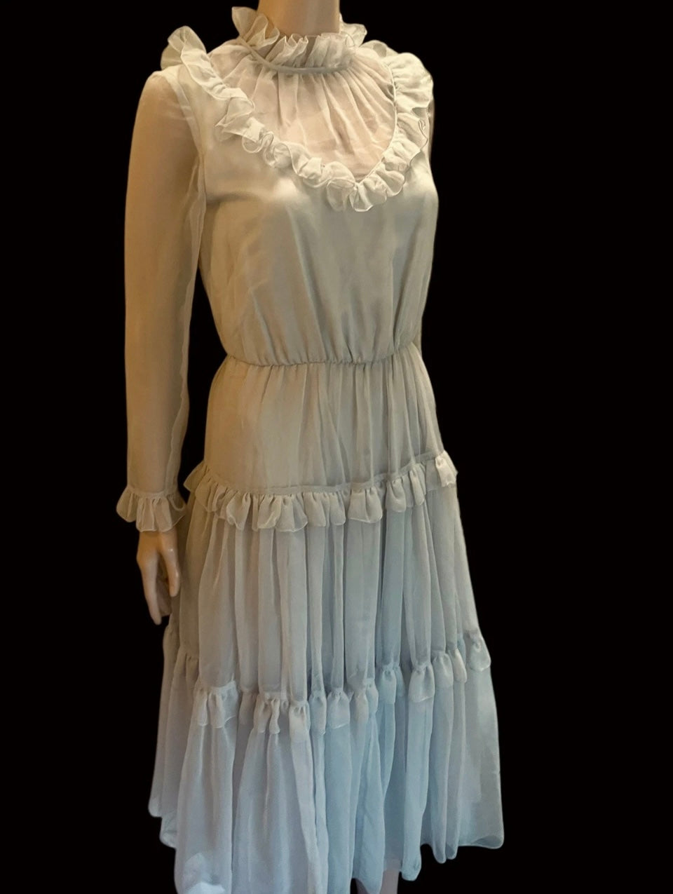 Vintage Ruffle Dress 1970s Grey Tiered Vintage Dress Sheer Cocktail Dress Elegant Frills Size Small