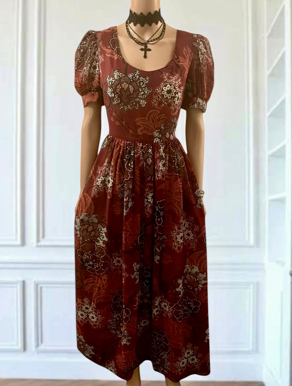 Vintage Dress 1960s Burgundy Maxi Dress circle skirt Vintage Chiffon Puff Sleeve Formal Wear Psychedelic Hippie Vibes Size Medium