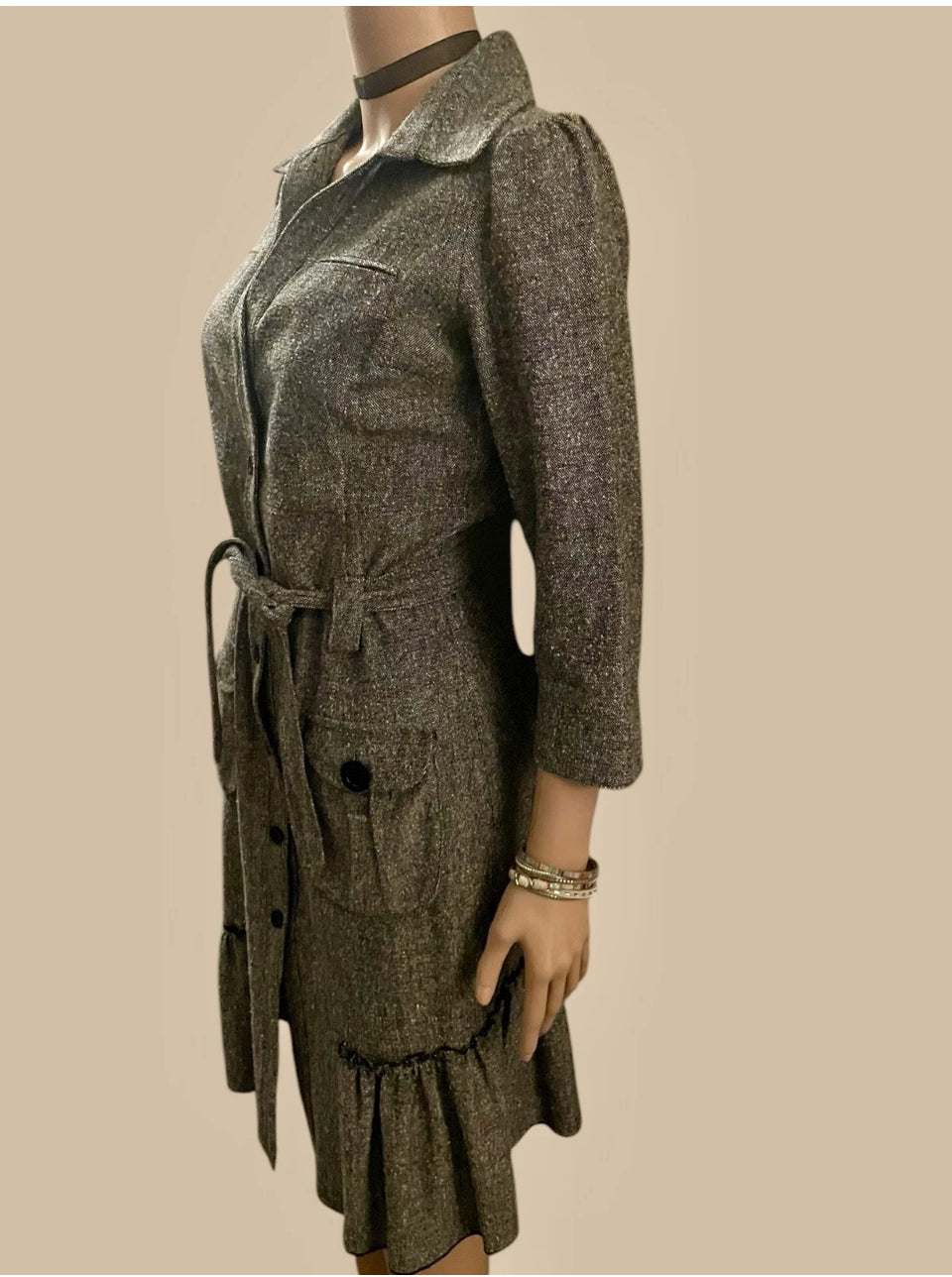 Vintage Dress 1990s Coat Dress Tweed Boucle Dress Pin Up Wiggle Dress Ruffle Hem Belted Grey Size Small
