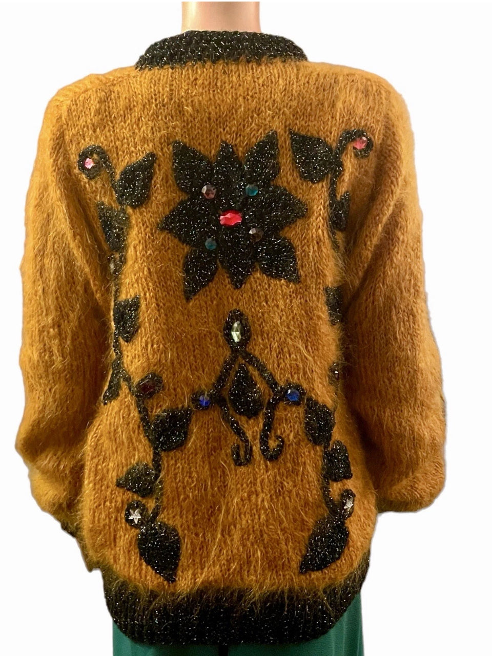 Women’s Vintage Jacket 1930s Cardigan Hand knit Mohair Pure Wool Bomber Jacket Gothic Glam Floral Embroidery Jewel Appliqué Rare Vintage Size XL