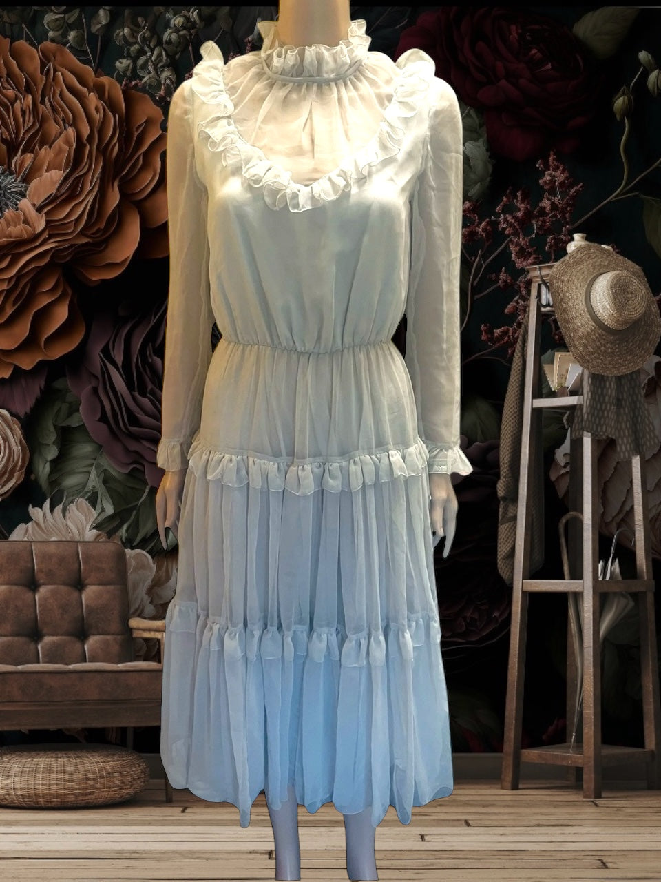 Vintage Ruffle Dress 1970s Grey Tiered Vintage Dress Sheer Cocktail Dress Elegant Frills Size Small