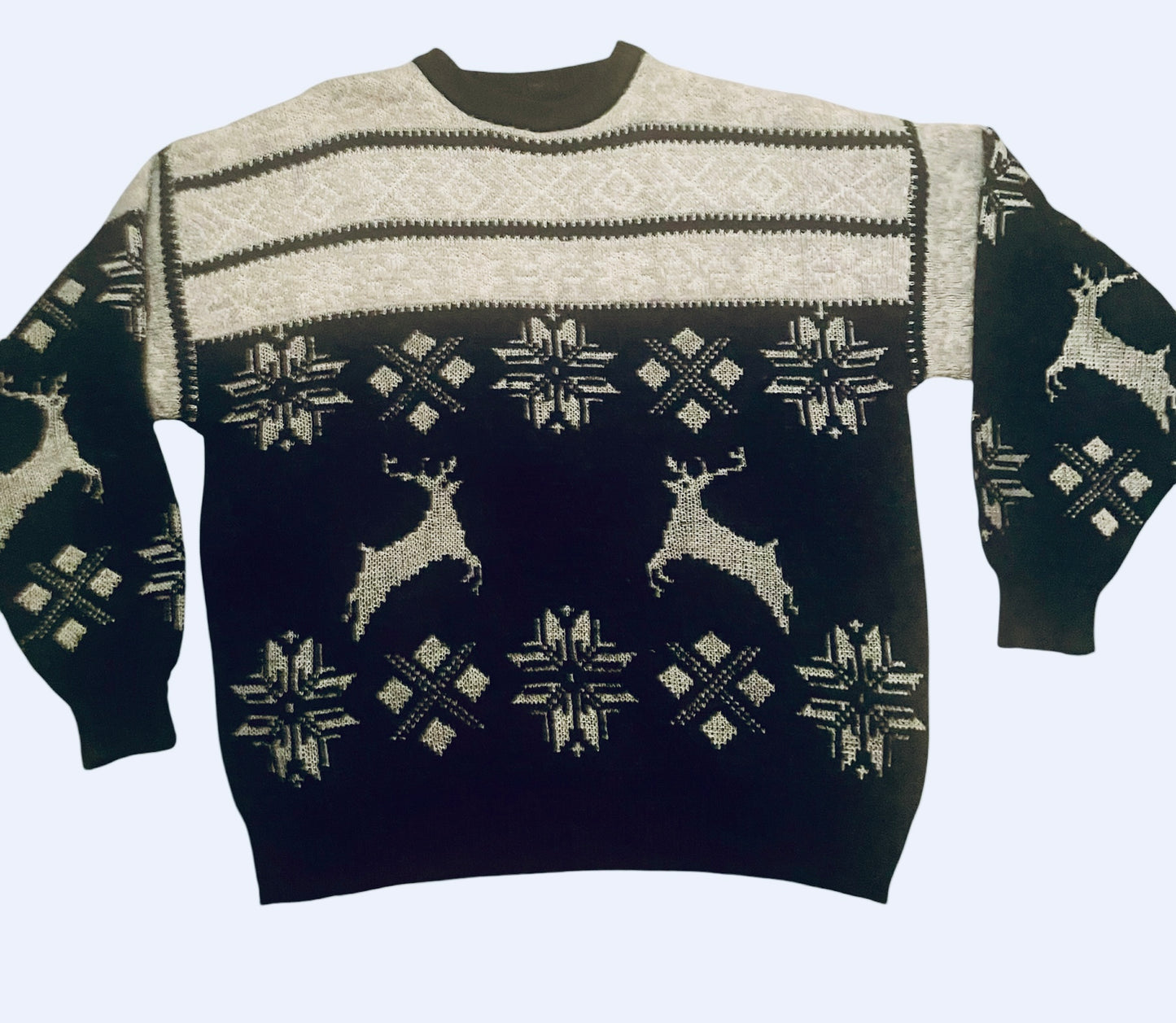 Vintage Sweater Nordic Polo style Fair Isle Reindeer Snowflake Wool Blend Black Grey XL