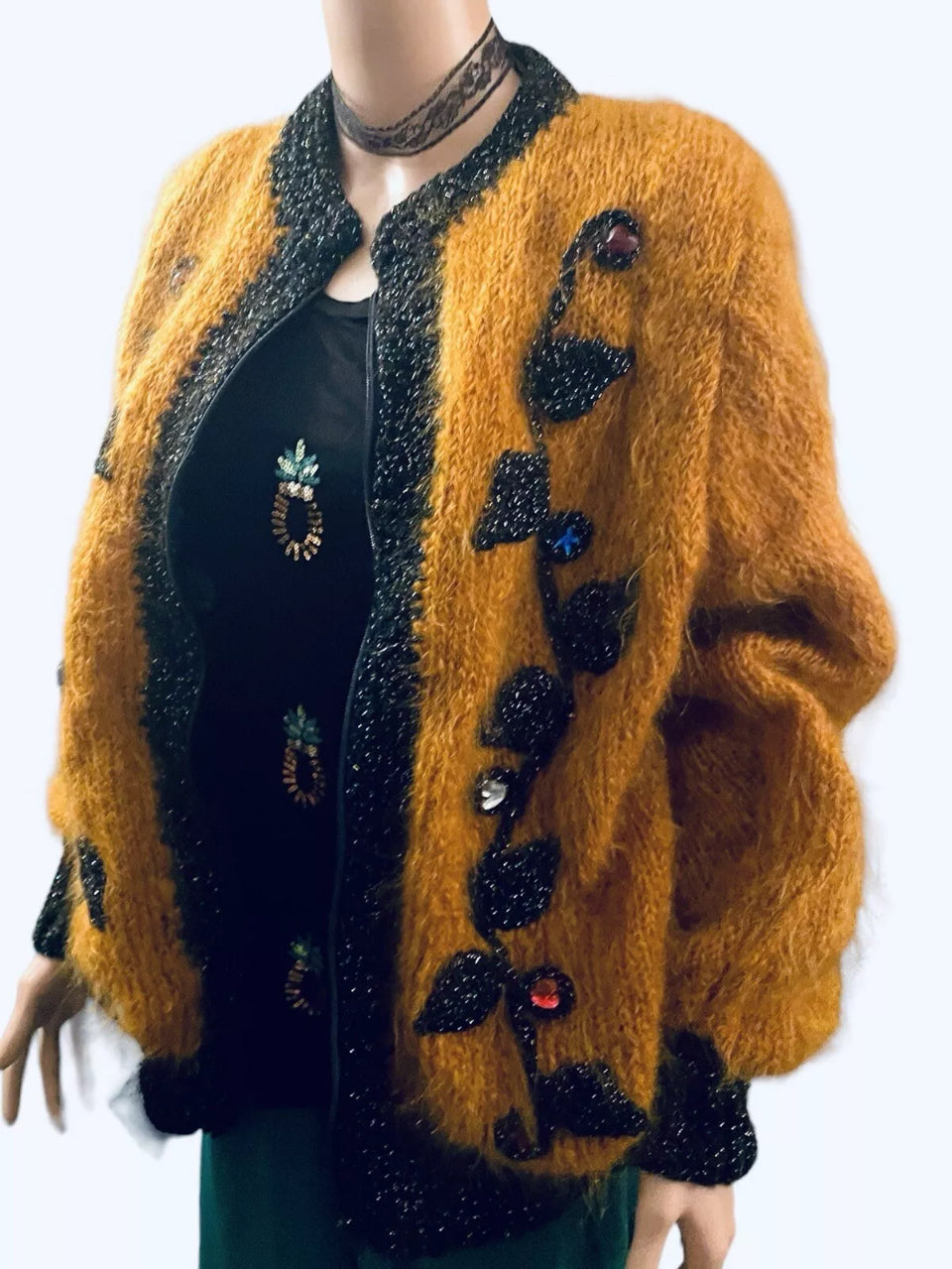 Women’s Vintage Jacket 1930s Cardigan Hand knit Mohair Pure Wool Bomber Jacket Gothic Glam Floral Embroidery Jewel Appliqué Rare Vintage Size XL