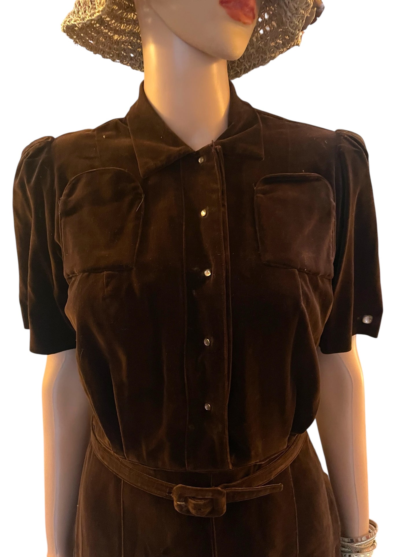 Vintage Dress 1930s Rare Art Deco Nan Westley Dress Brown Velvet Velour size Medium