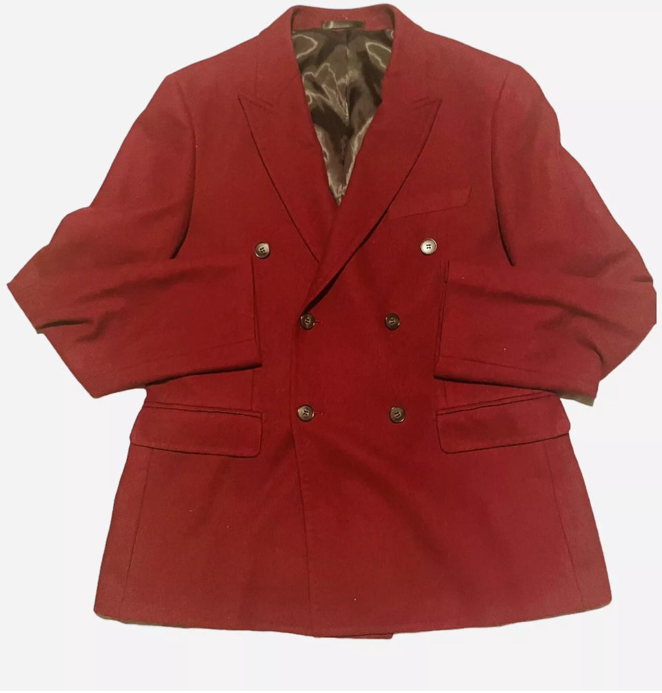 Men’s Vintage Double Breasted Blazer Mens Jacket Burgundy Pure Wool Felt Tailored Boss Energy Size L