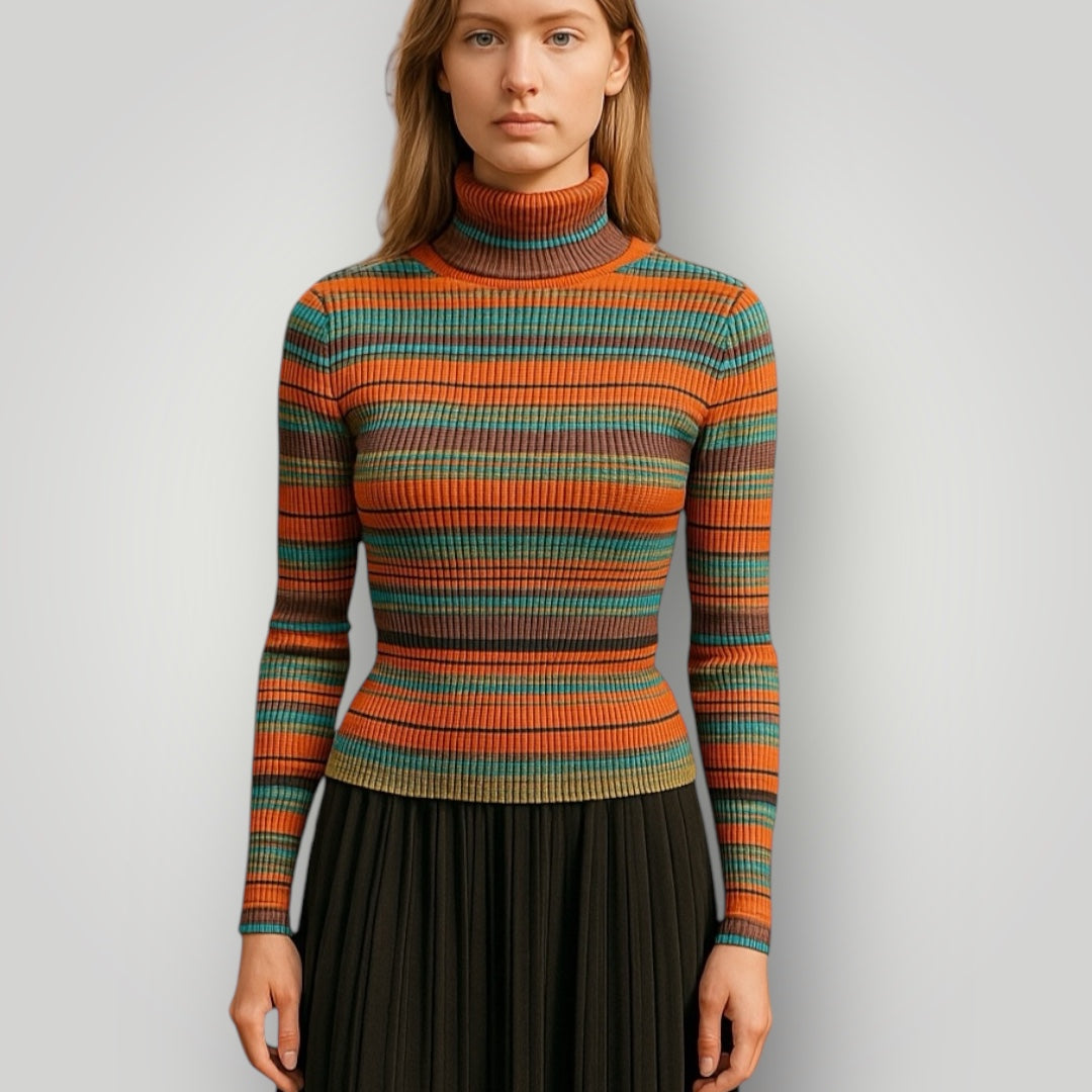 Vintage Turtleneck Striped Ribbed Skivvy Long Sleeve Vintage 80s Knitwear Retro Women’s Size Small