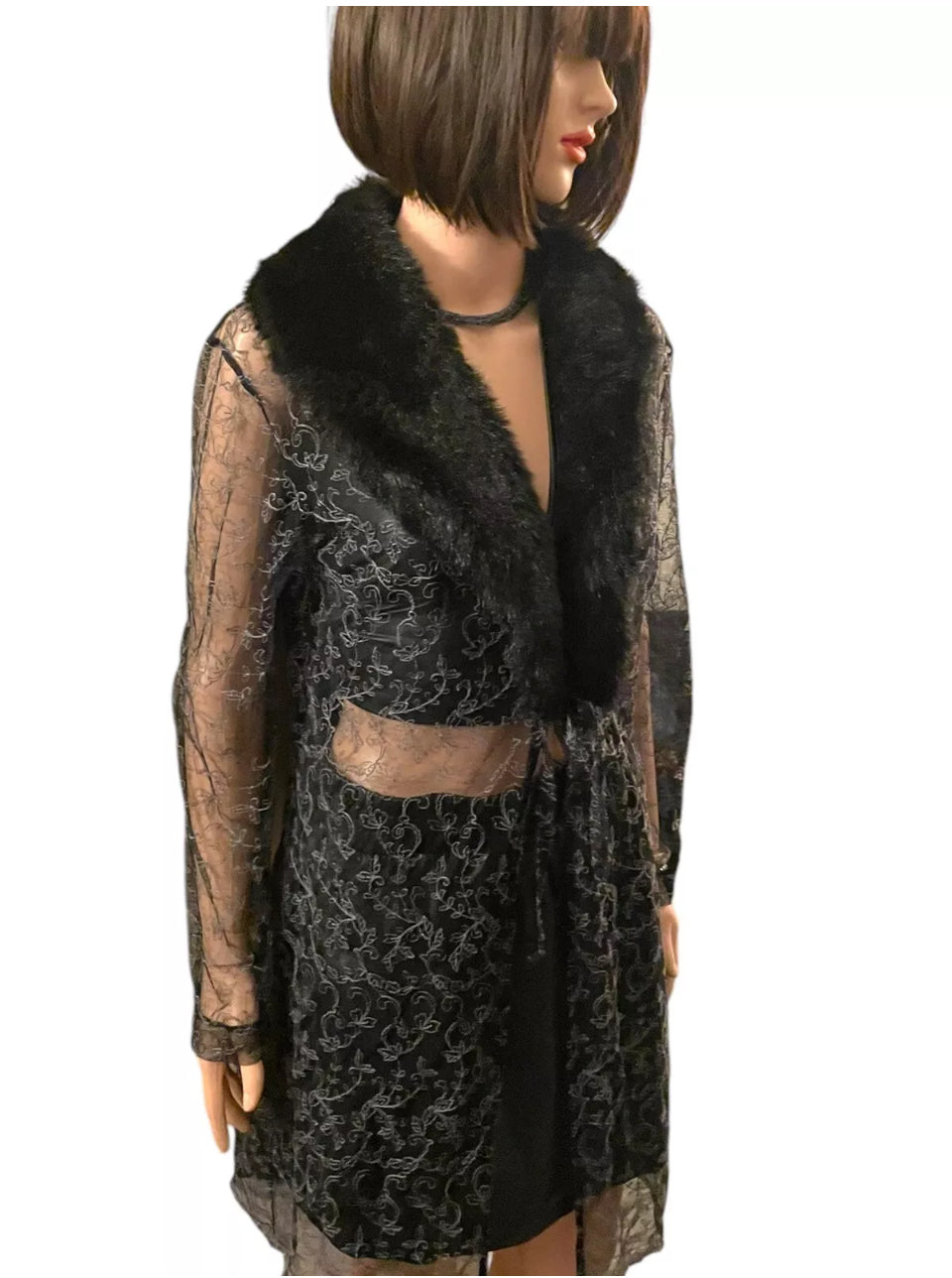 Vintage Black Lace Fur Coat Duster 1990s Sheer Embroidered Lace Faux Fur Glam Gothic Boudoir Burlesque vibes Size Medium
