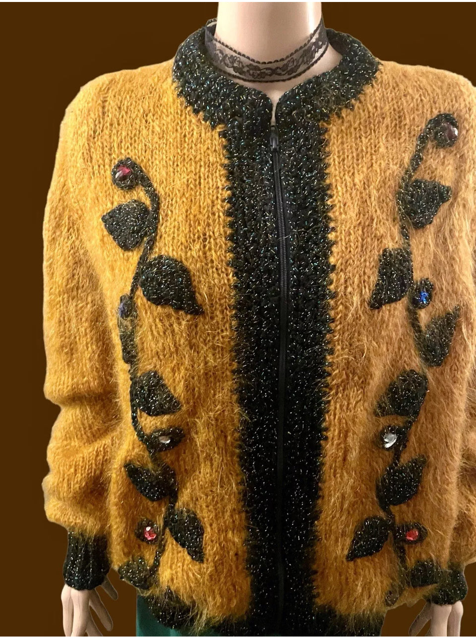 Women’s Vintage Jacket 1930s Cardigan Hand knit Mohair Pure Wool Bomber Jacket Gothic Glam Floral Embroidery Jewel Appliqué Rare Vintage Size XL