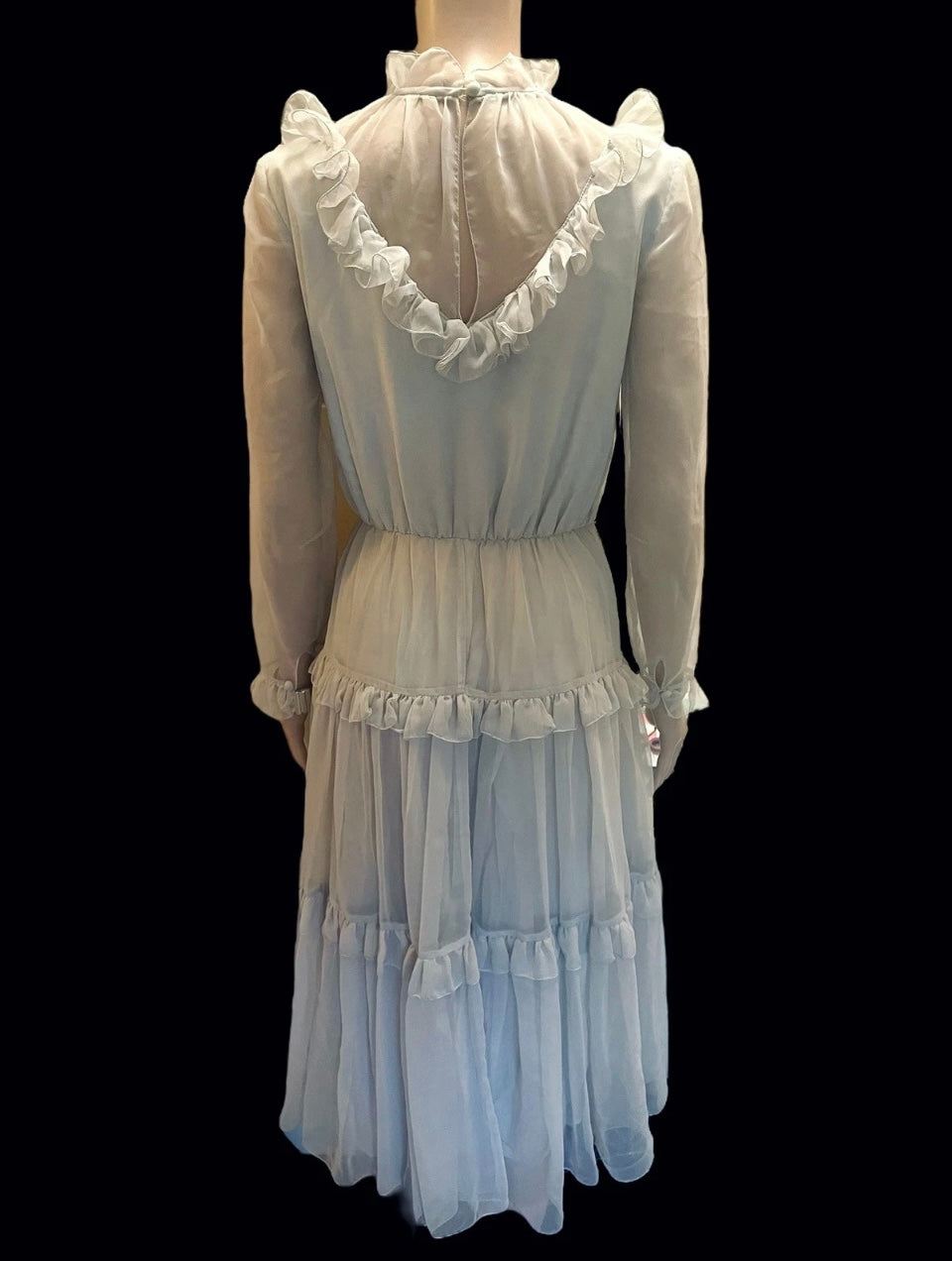 Vintage Ruffle Dress 1970s Grey Tiered Vintage Dress Sheer Cocktail Dress Elegant Frills Size Small