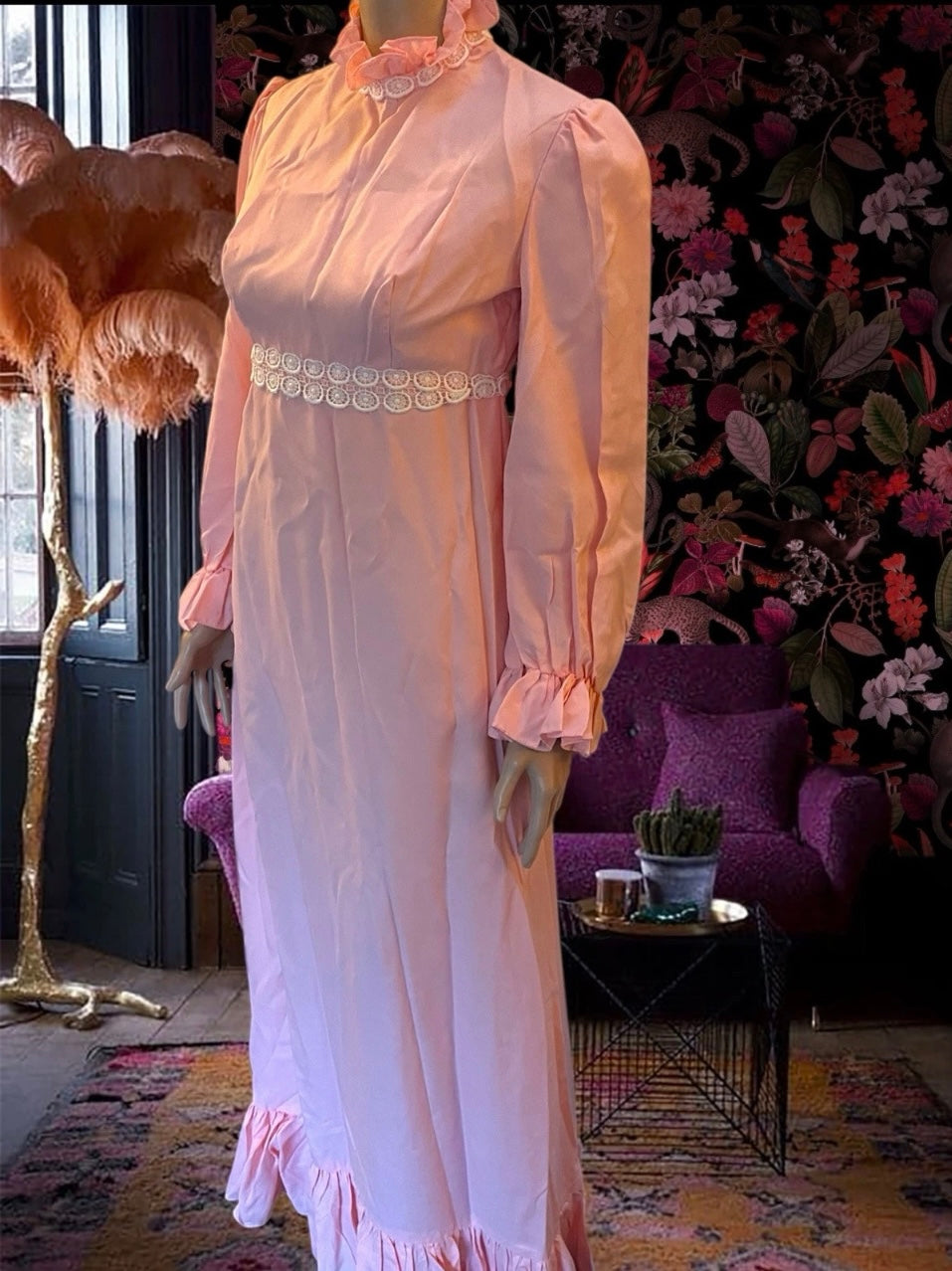 Vintage Dress 1960s Gunne Sax Style Dress Pink Prairie Western Maxi Dress Lace Trim Ruffle Hem Cottagecore Wedding Size Small