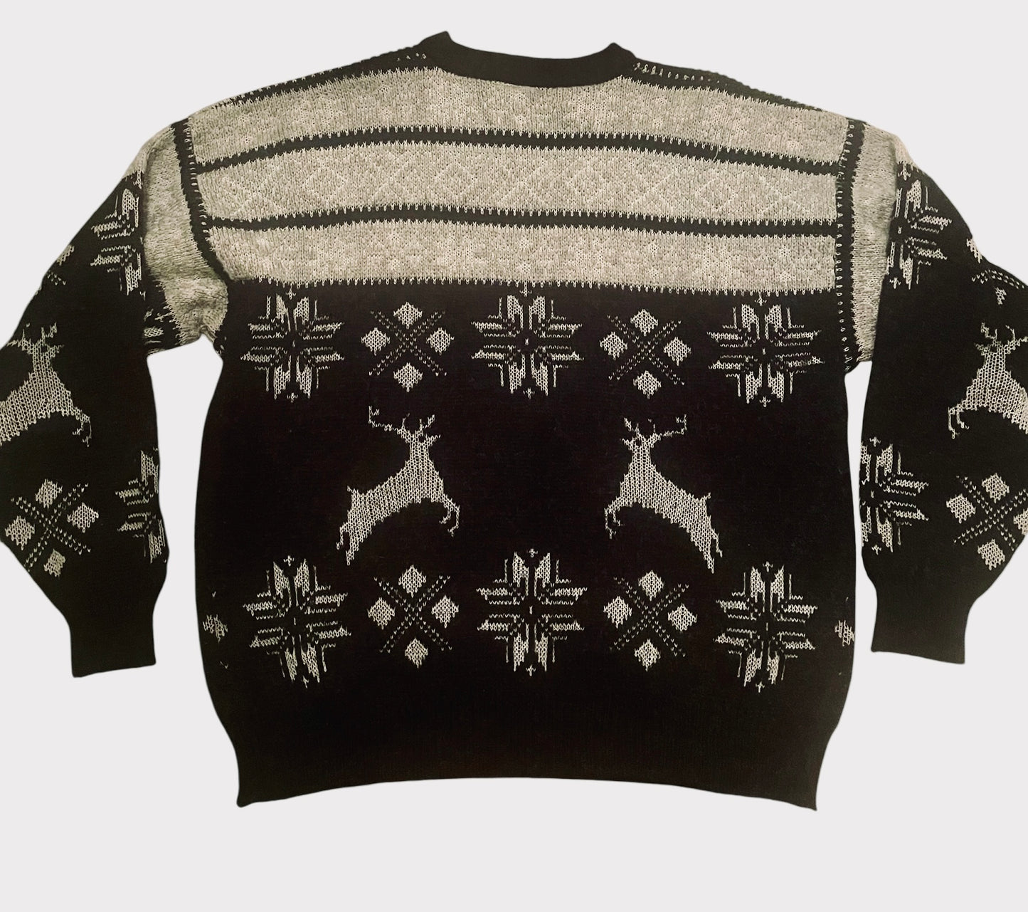 Vintage Sweater Nordic Polo style Fair Isle Reindeer Snowflake Wool Blend Black Grey XL