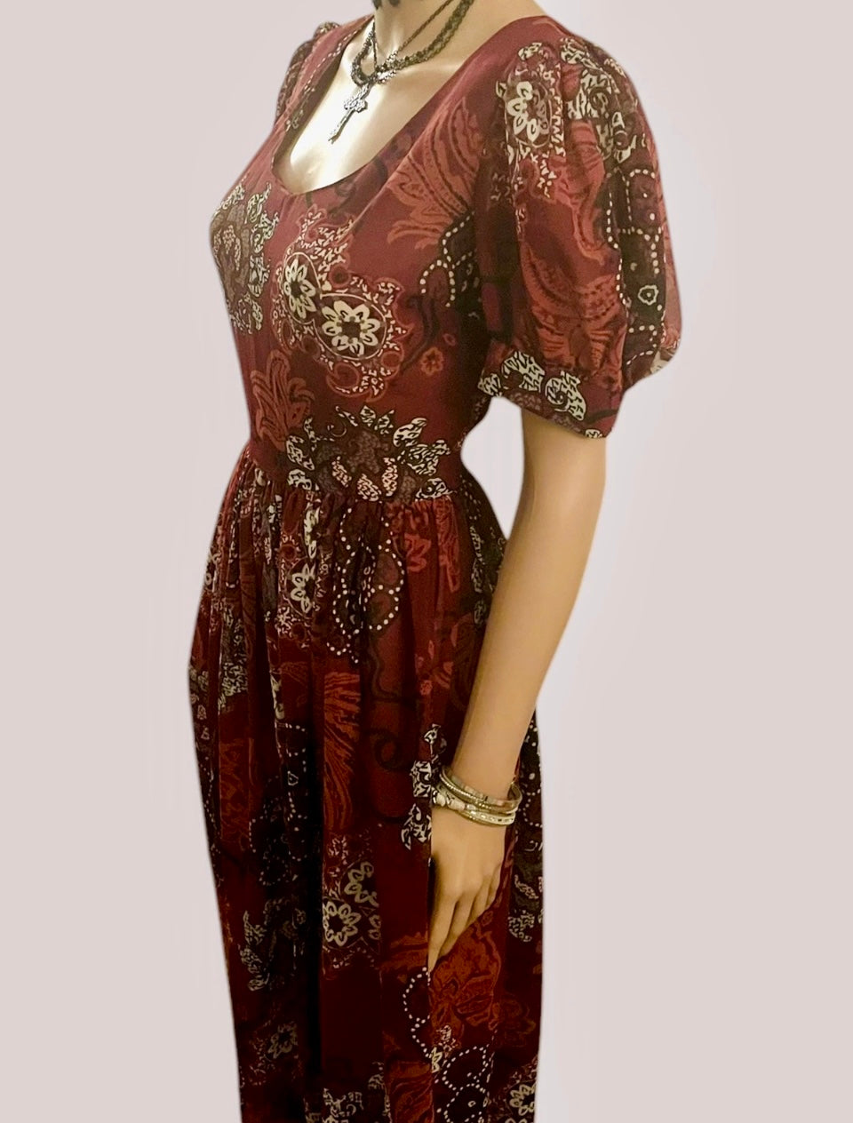 Vintage Dress 1960s Burgundy Maxi Dress circle skirt Vintage Chiffon Puff Sleeve Formal Wear Psychedelic Hippie Vibes Size Medium