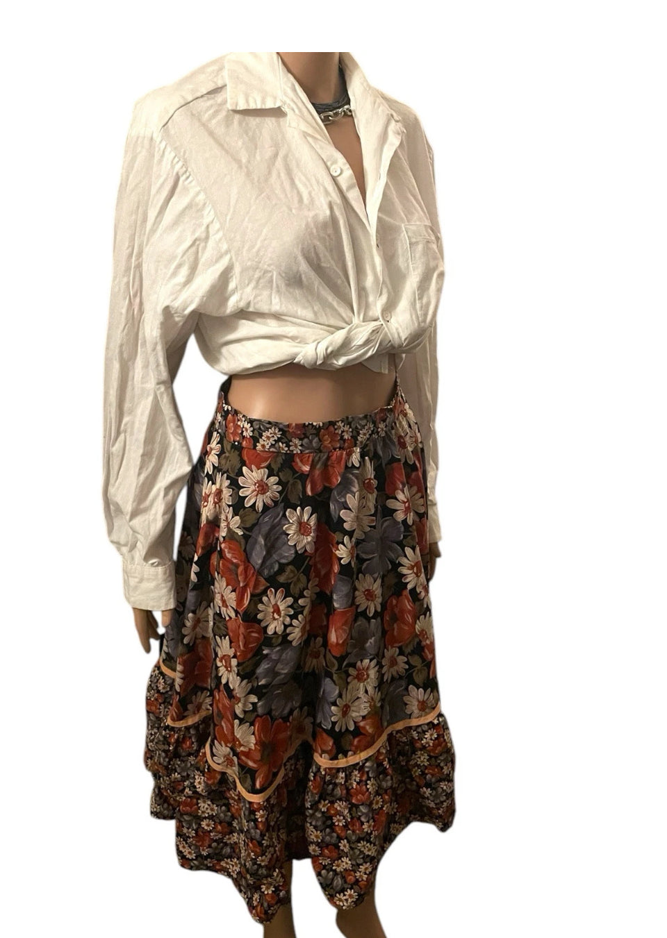 Vintage Skirt Floral 1960s Hippie era floral print skirt A line midi Skirt ruffle hem pure cotton size Small