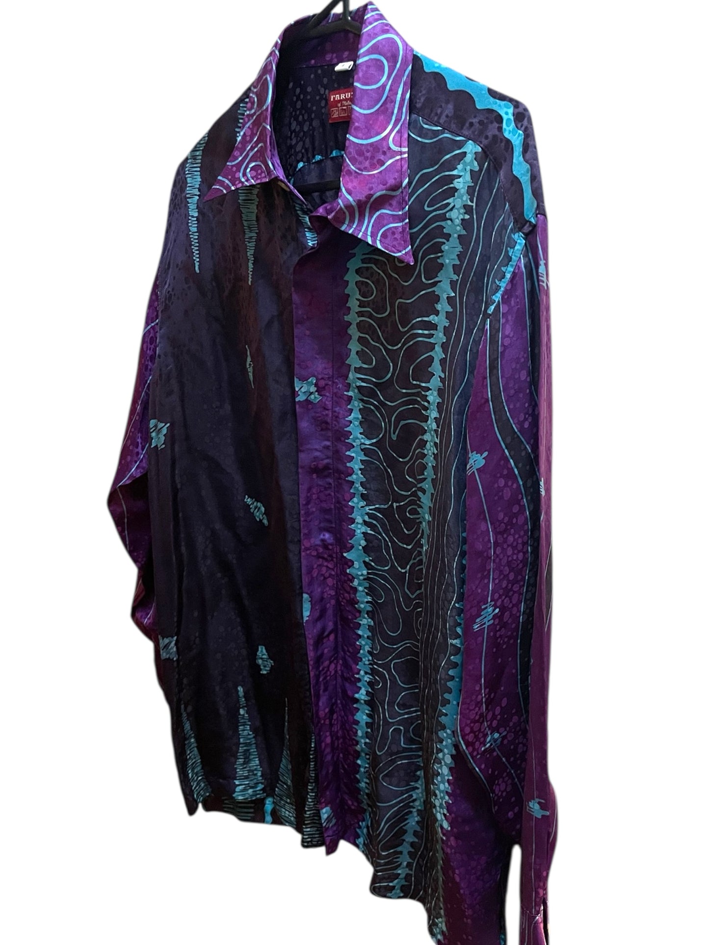 Vintage Men's Dress Shirt 1990s Pure Silk Batik Print Shirt Long Sleeve Elvis Dandy Rockabilly Size L