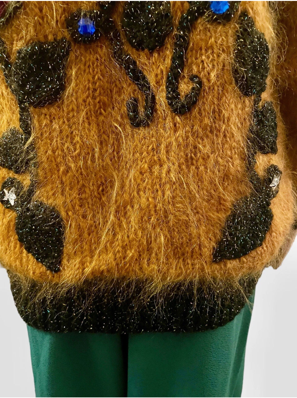 Women’s Vintage Jacket 1930s Cardigan Hand knit Mohair Pure Wool Bomber Jacket Gothic Glam Floral Embroidery Jewel Appliqué Rare Vintage Size XL