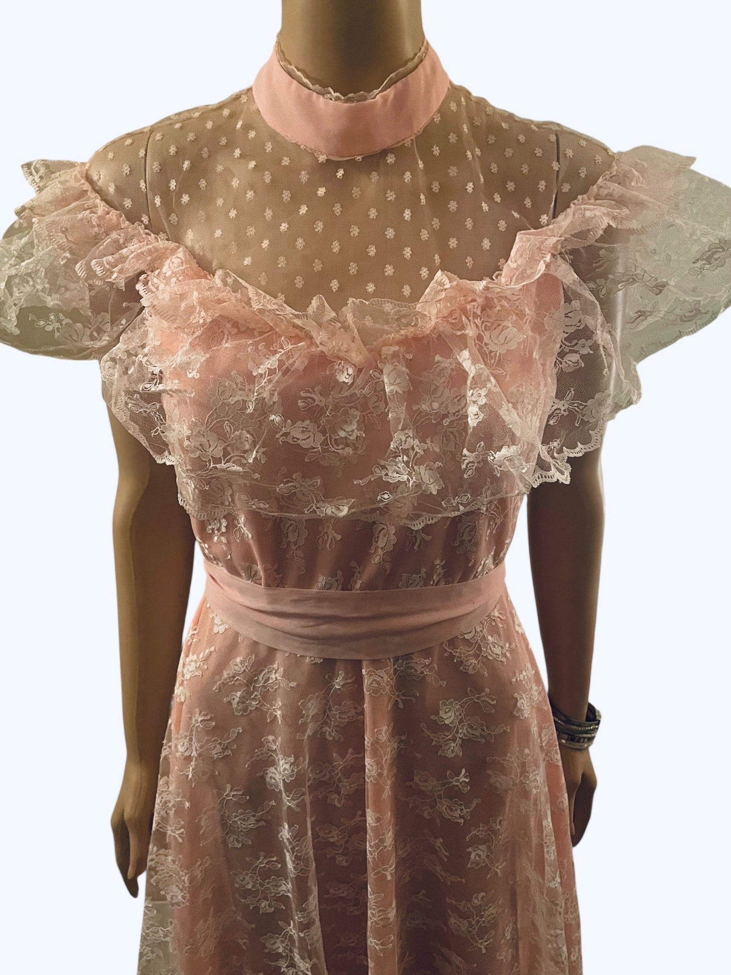 Vintage Dress 1960s Pink Lace Flocked Rockabilly Dress Princess Style Party Dress Ruffles Coquette Kawaii Size Small