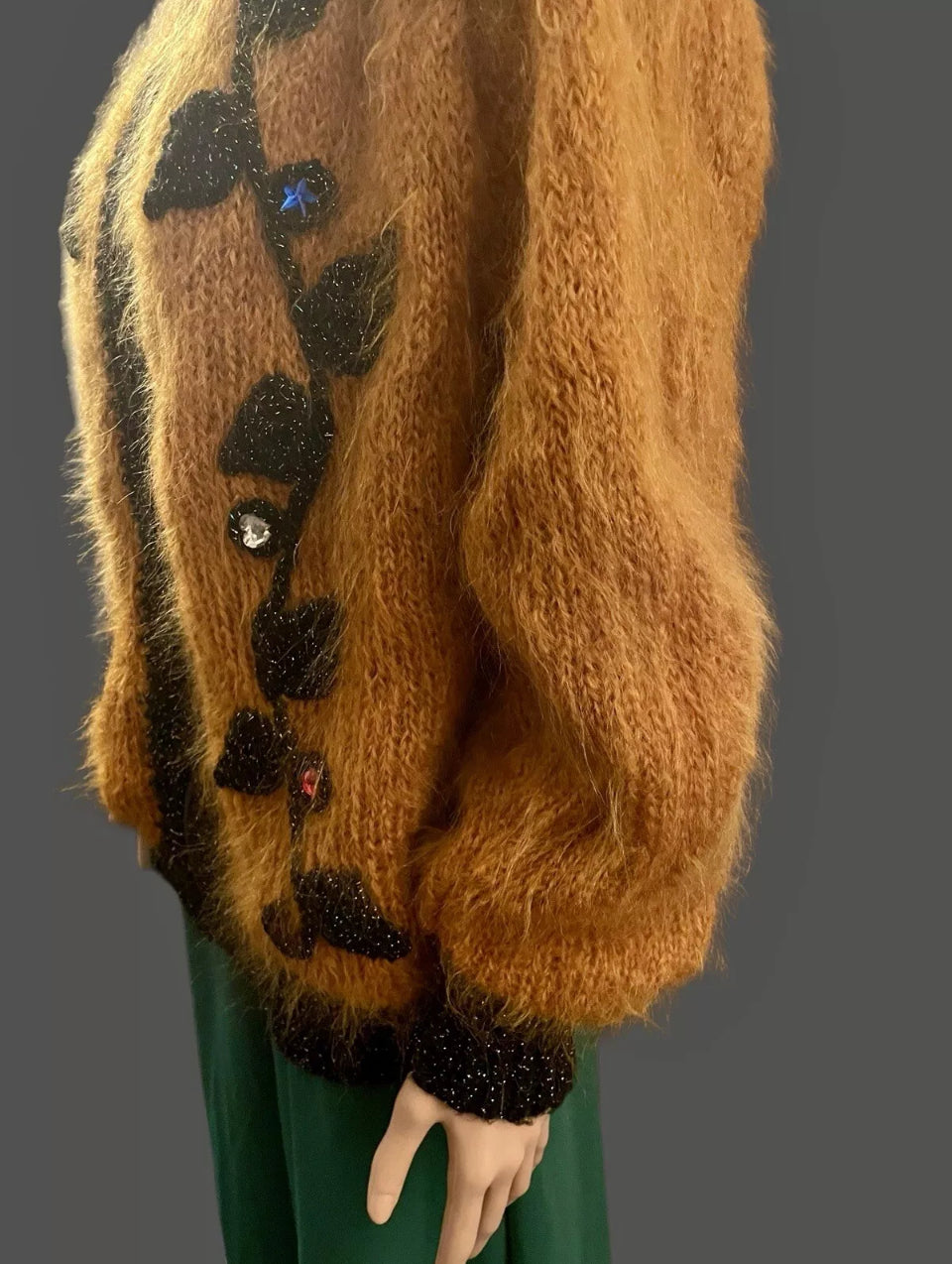 Women’s Vintage Jacket 1930s Cardigan Hand knit Mohair Pure Wool Bomber Jacket Gothic Glam Floral Embroidery Jewel Appliqué Rare Vintage Size XL