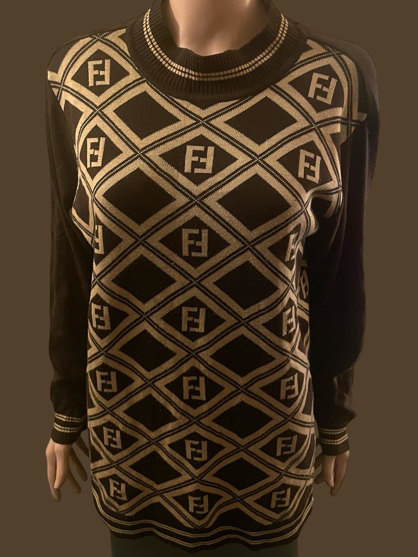 Vintage Fendi Sweater Zucca Pattern Karl Lagerfeld Collection Vintage 90s Pure Wool Brown Beige Size L