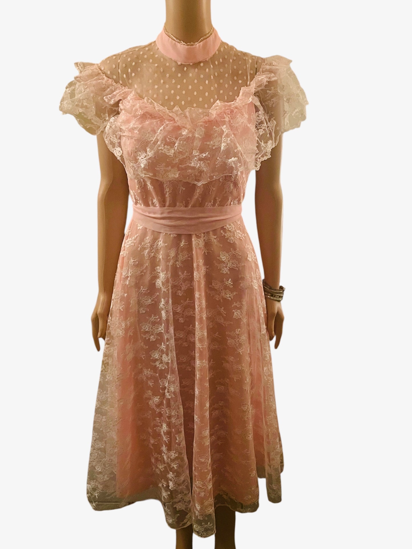 Vintage Dress 1960s Pink Lace Flocked Rockabilly Dress Princess Style Party Dress Ruffles Coquette Kawaii Size Small