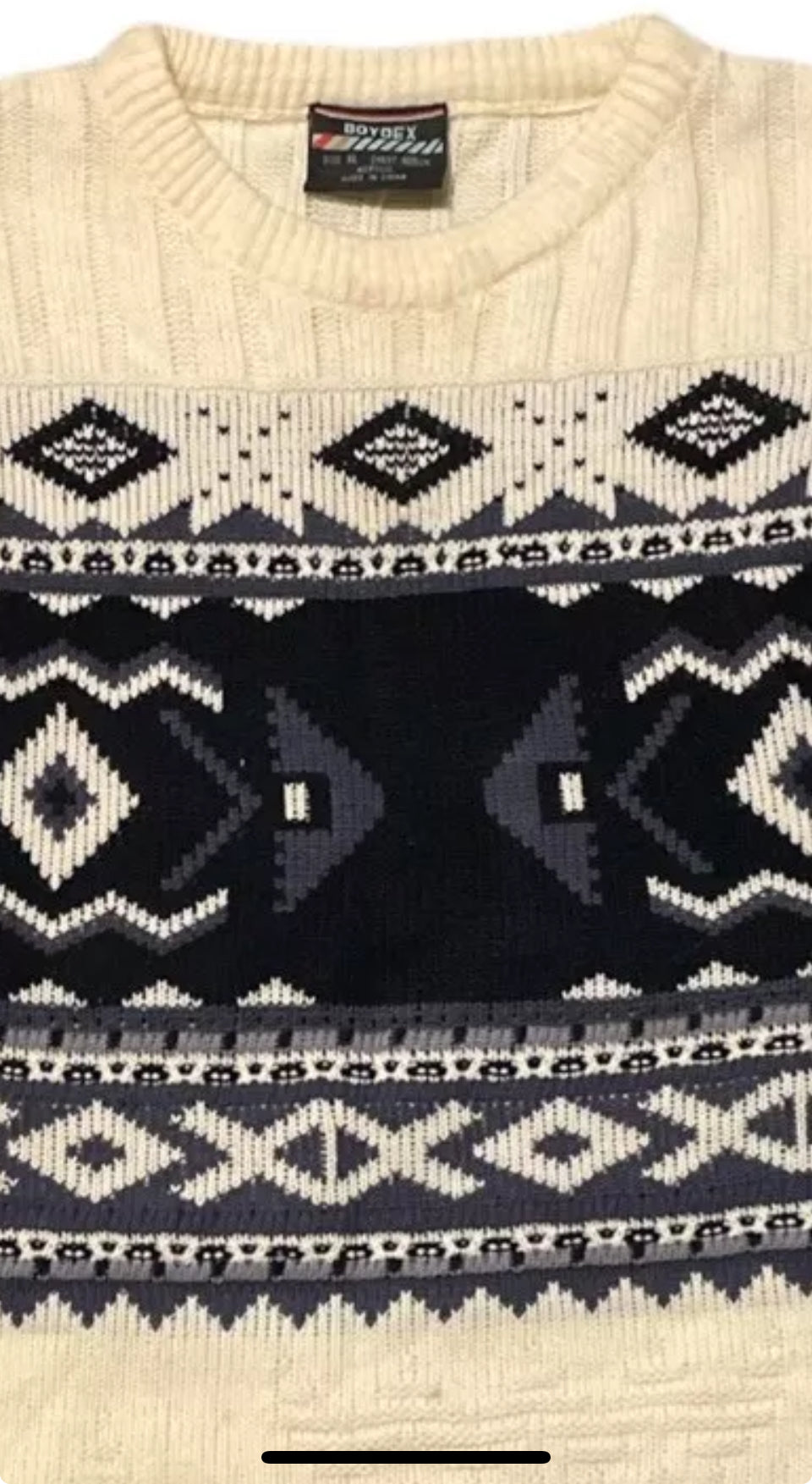 Men’s Vintage Sweater Mens Nordic Sweater Cowichan Style Vintage 80s Knit Fair Isle White Navy XL