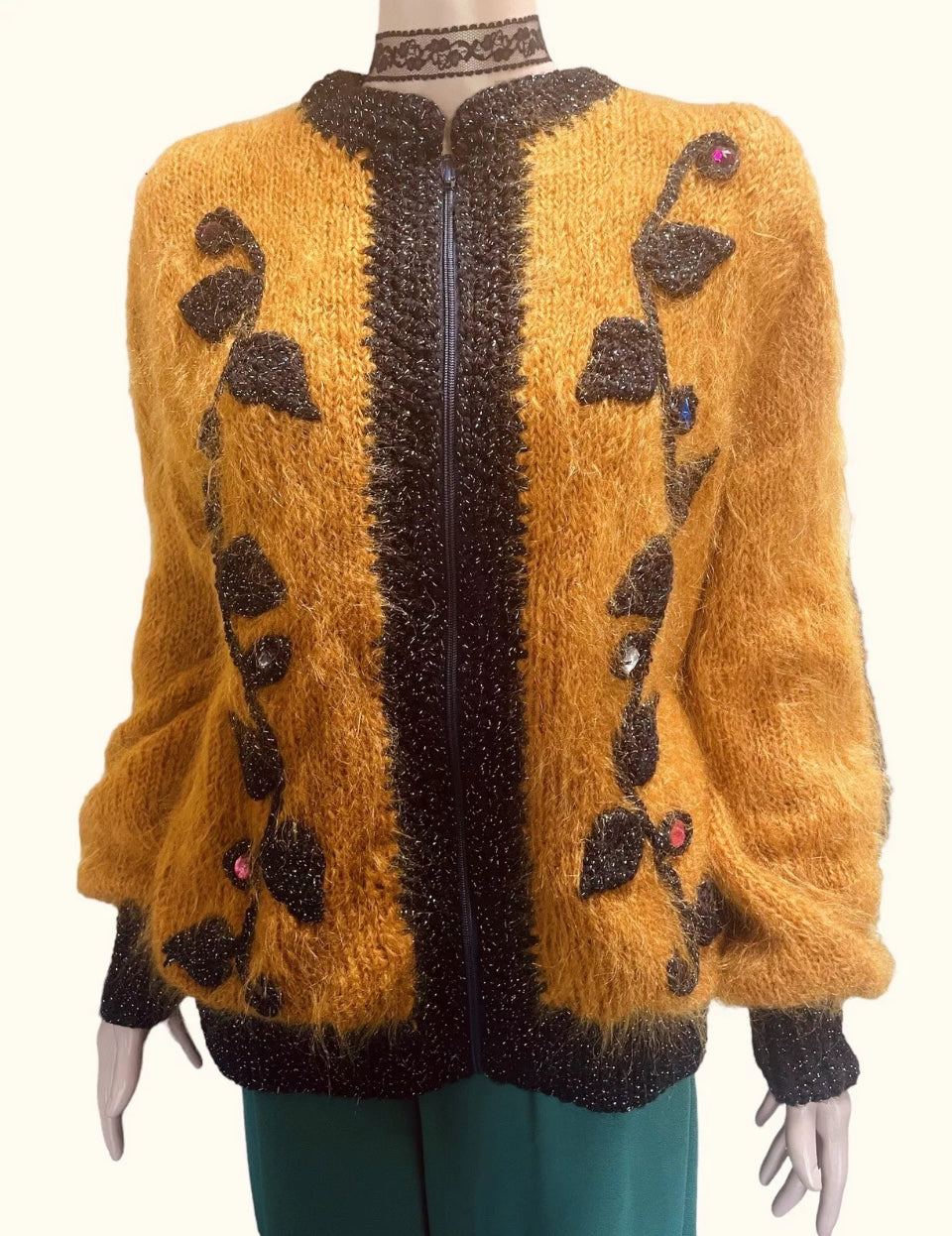 Women’s Vintage Jacket 1930s Cardigan Hand knit Mohair Pure Wool Bomber Jacket Gothic Glam Floral Embroidery Jewel Appliqué Rare Vintage Size XL