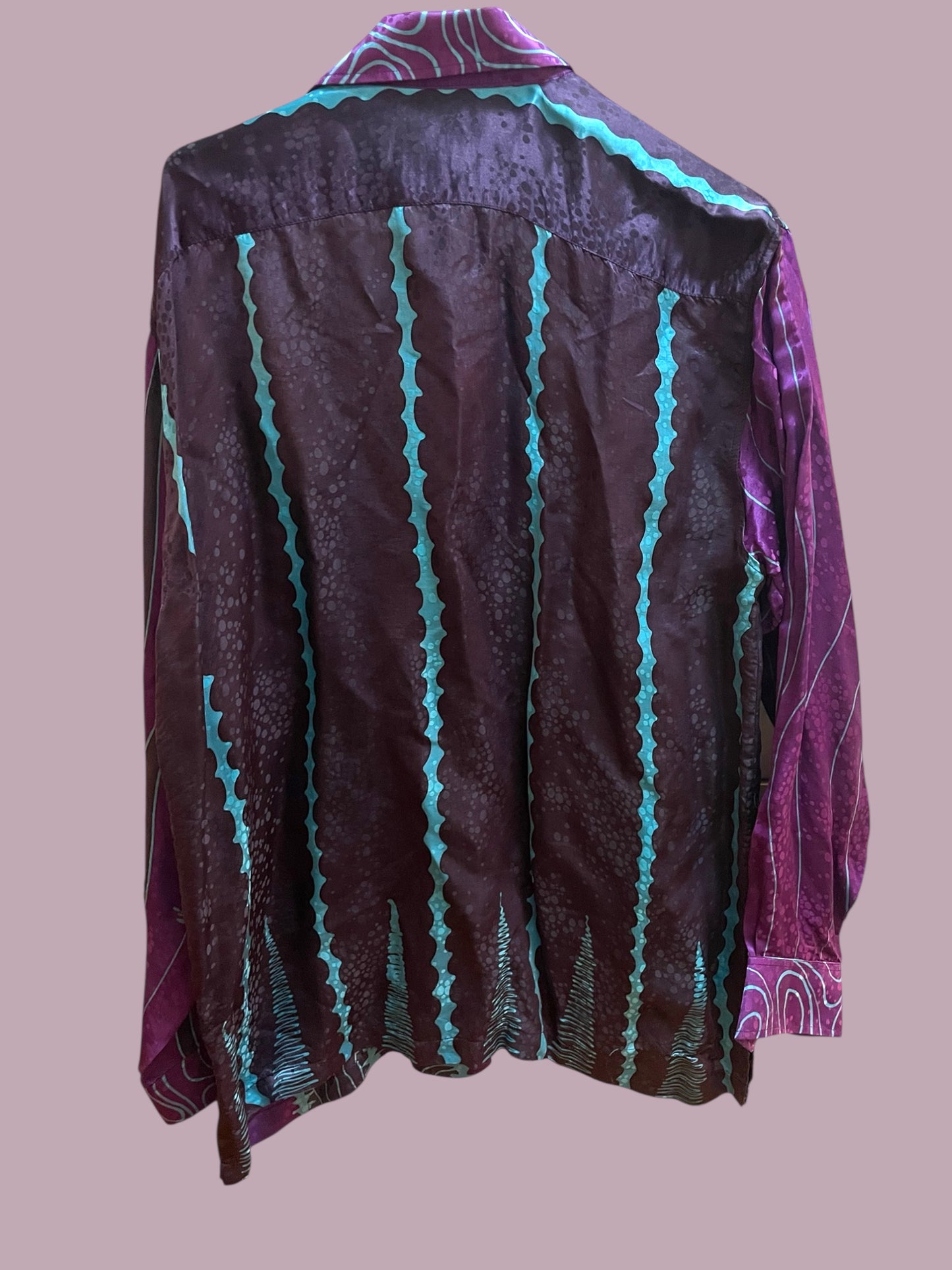 Vintage Men's Dress Shirt 1990s Pure Silk Batik Print Shirt Long Sleeve Elvis Dandy Rockabilly Size L