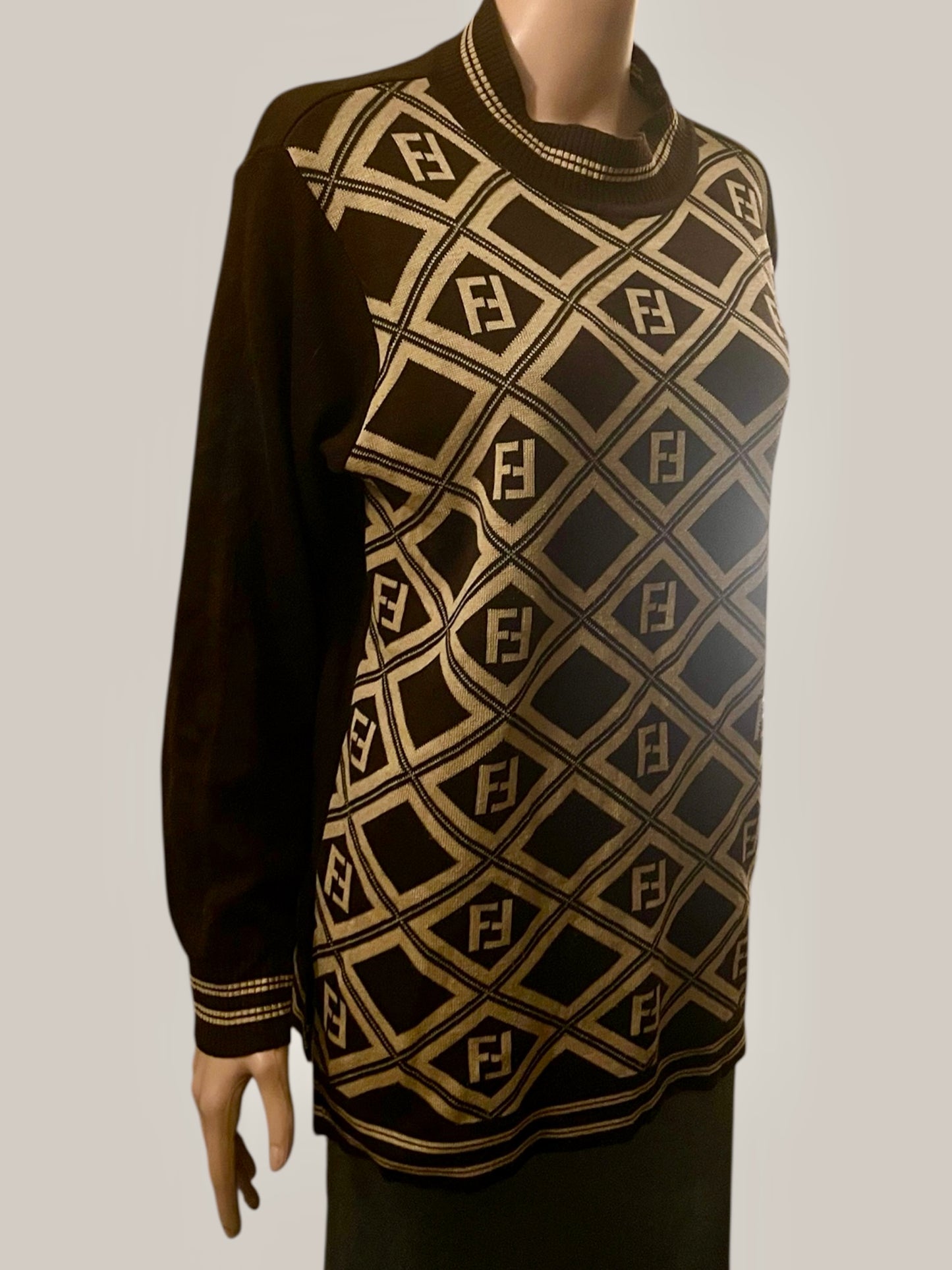 Vintage Fendi Sweater Zucca Pattern Karl Lagerfeld Collection Vintage 90s Pure Wool Brown Beige Size L